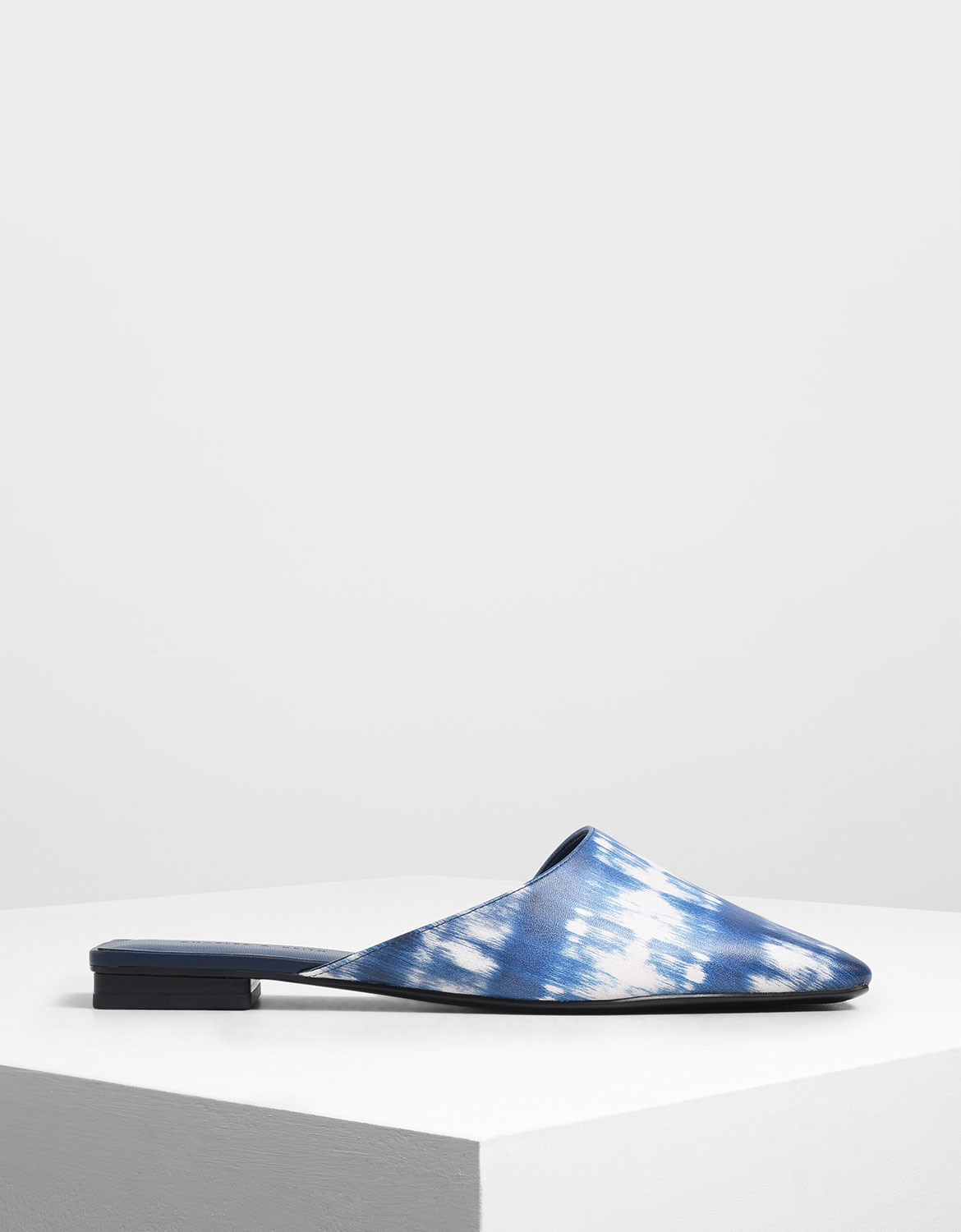 Printed Square Toe Asymmetrical Mules, Dark blue