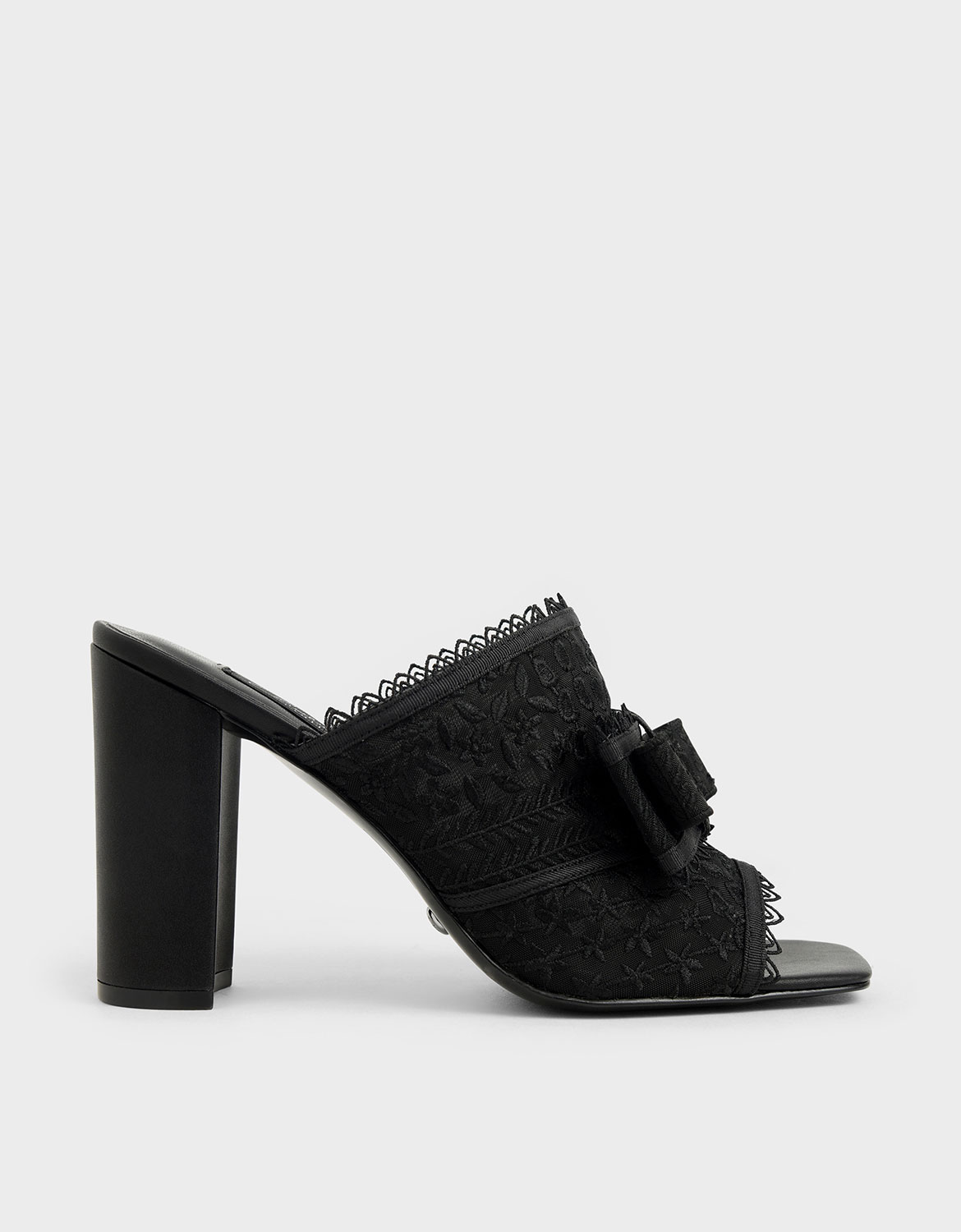 Floral Embroidered Mesh Mules, Black