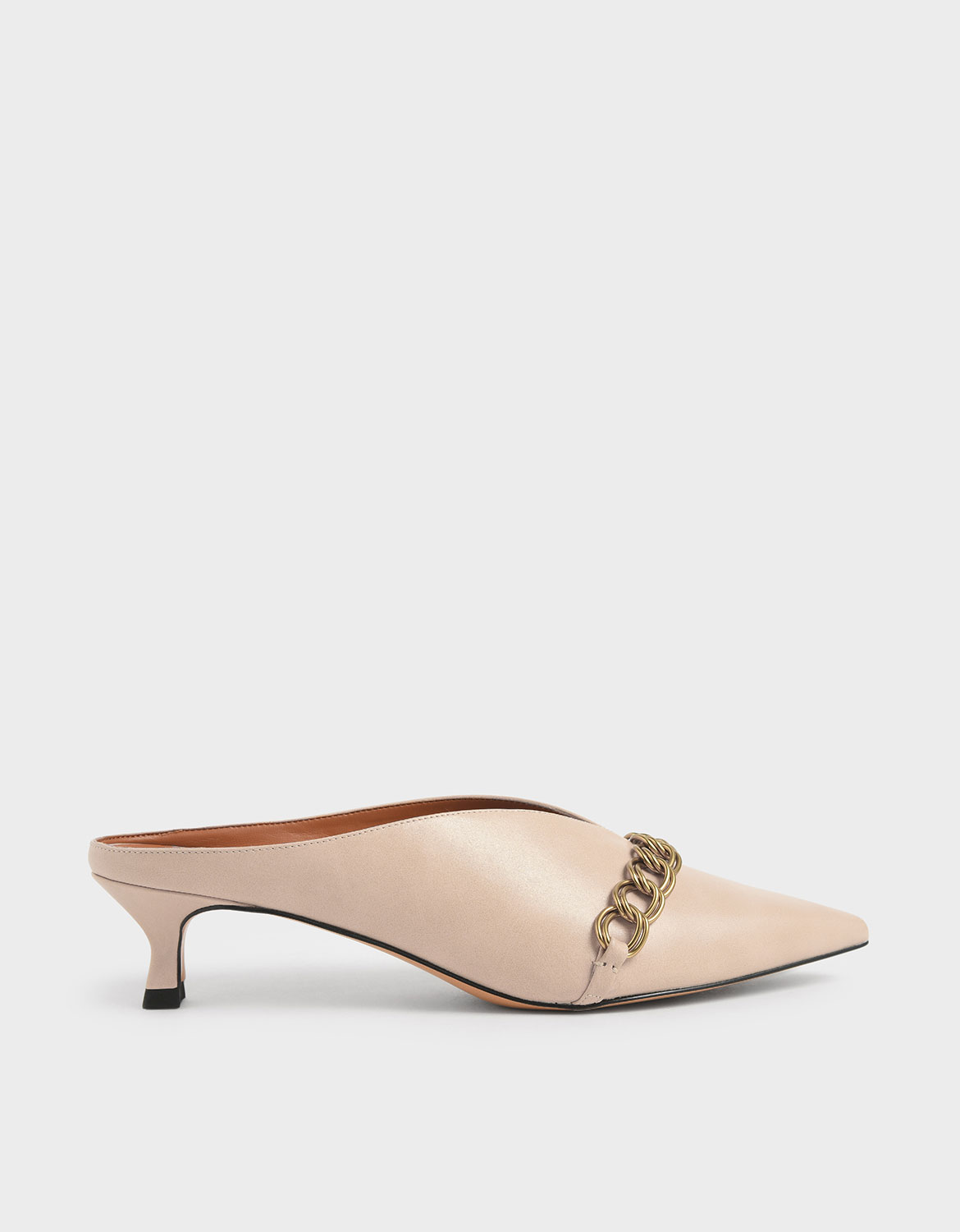 Chain Strap V-Cut Mules, Beige