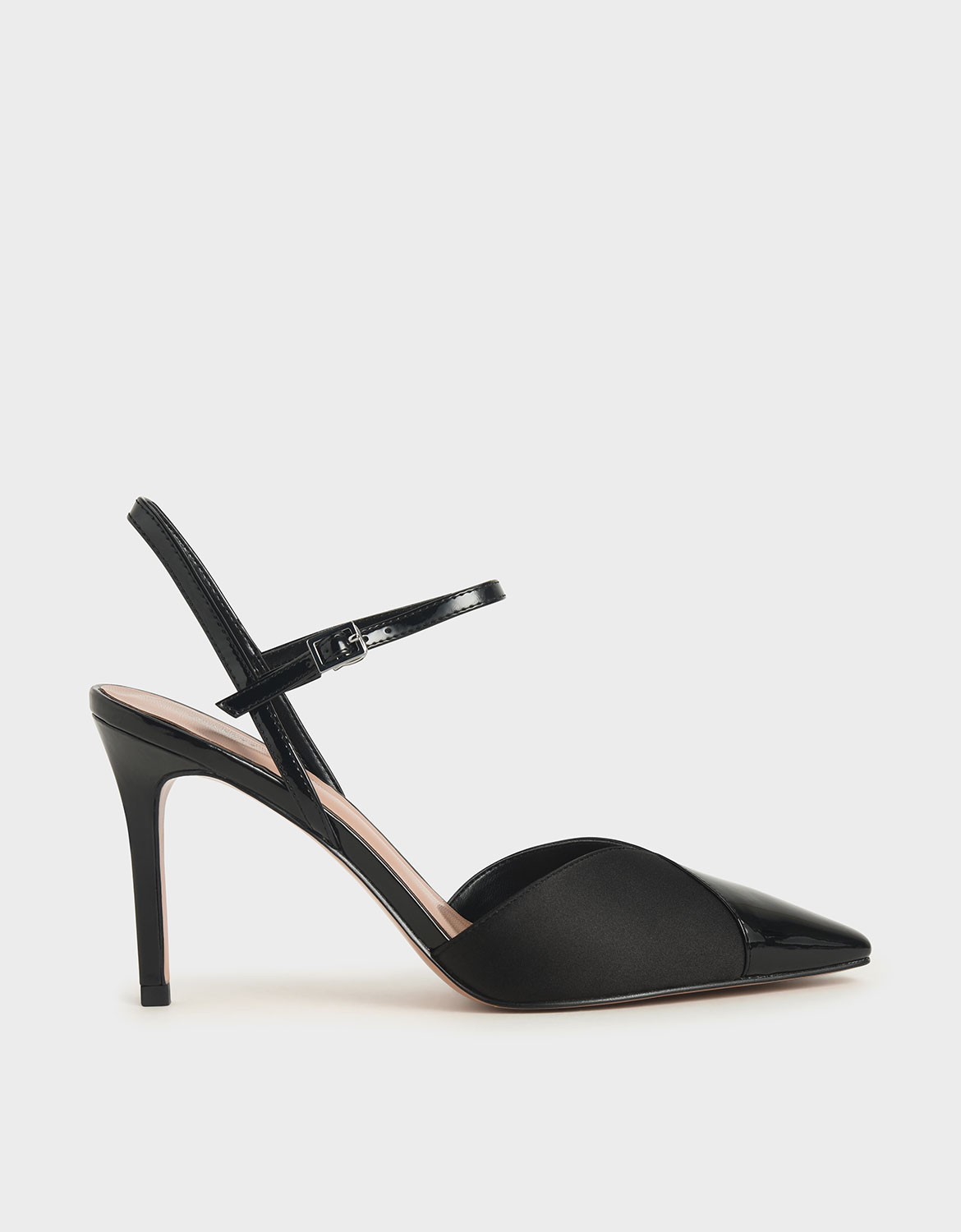 Patent & Satin Ankle Strap Pumps, Black
