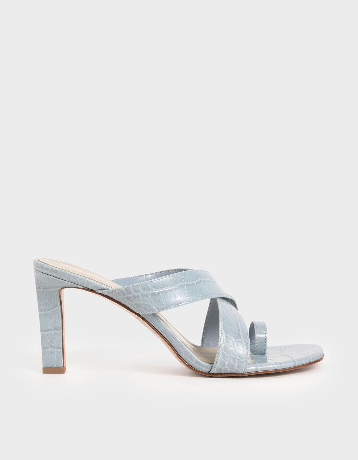Croc-Effect Heeled Mules, Blue