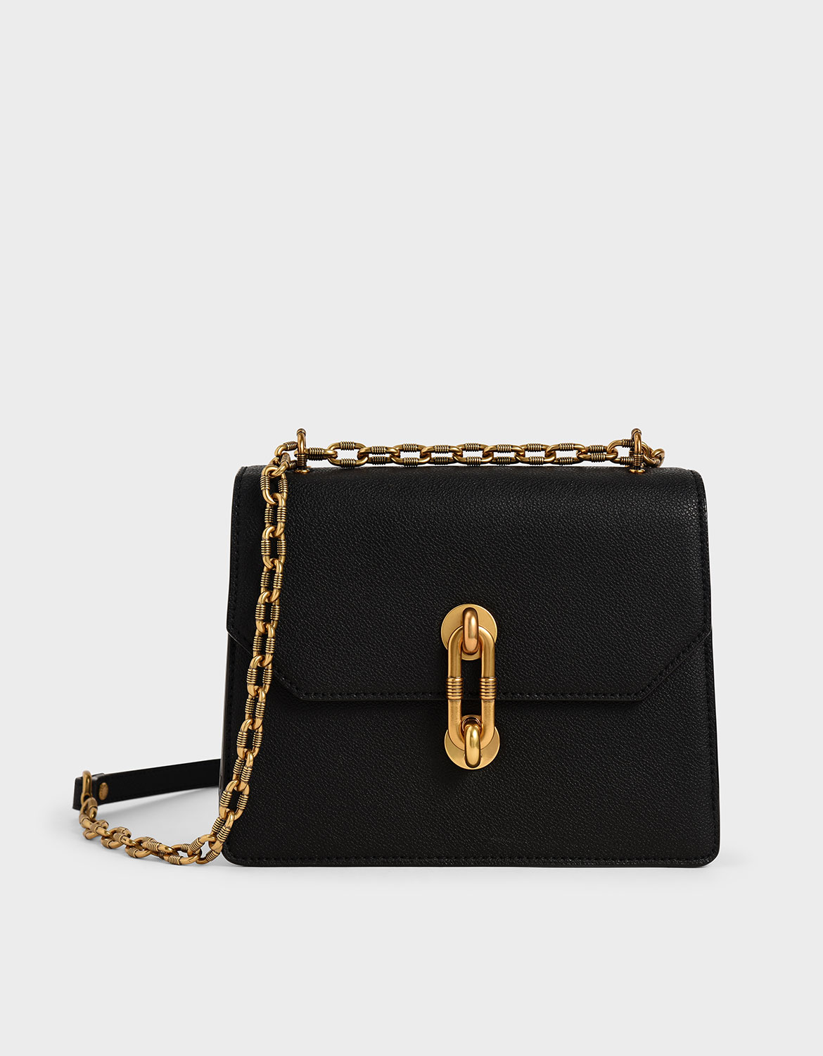 Double Chain Strap Turn-Lock Bag, Black