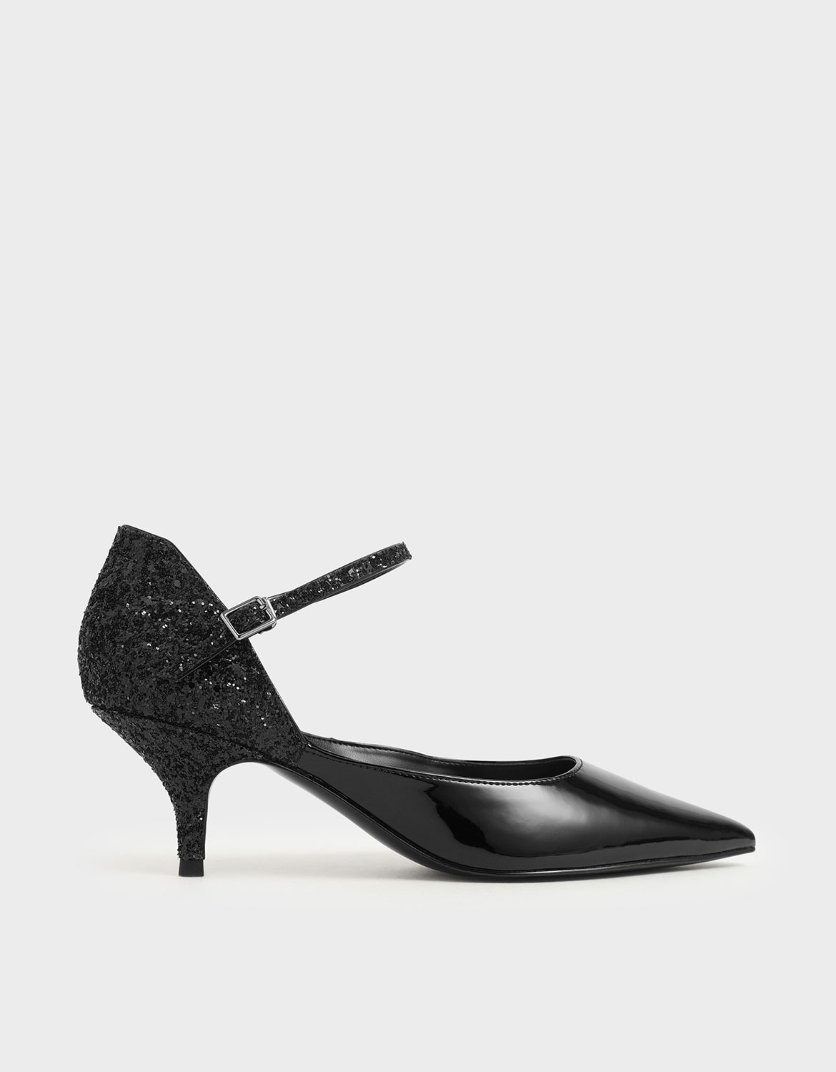 Patent Glitter Kitten Heel Pumps, Black