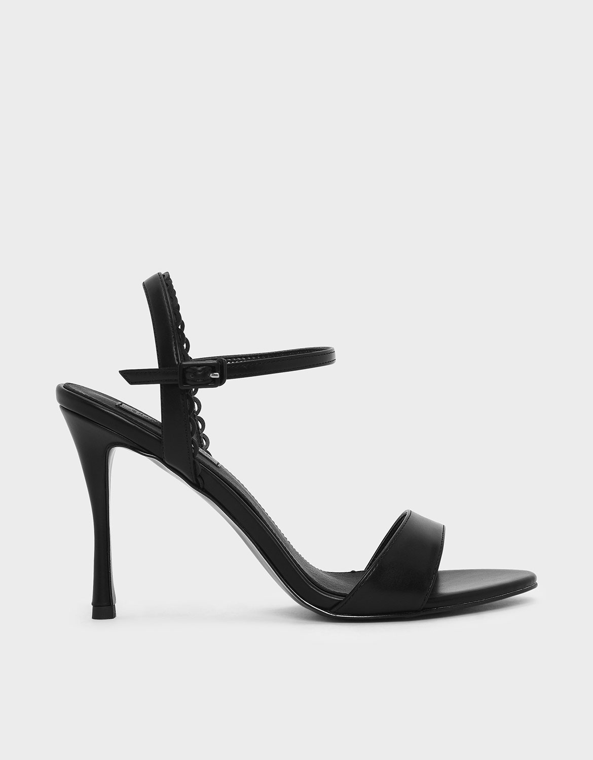 Scallop Edge Detail Heeled Sandals, Black