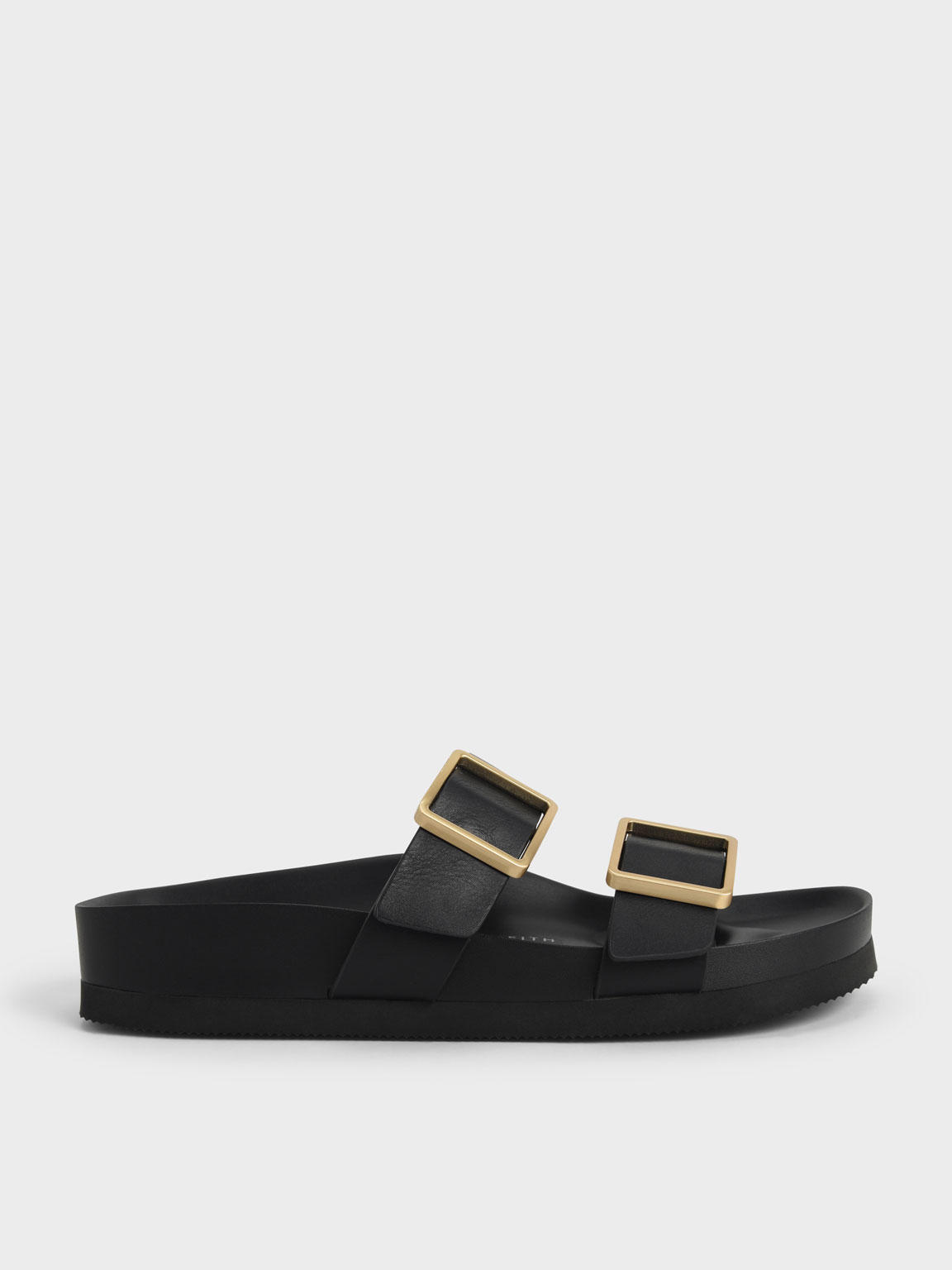Buckle Strap Slide Sandals, Black