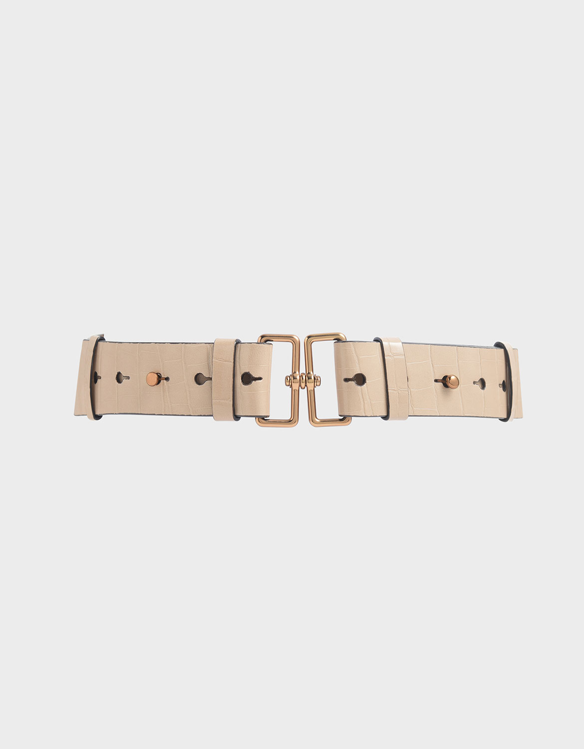 Croc-Effect Double Buckle Waist Belt, Beige