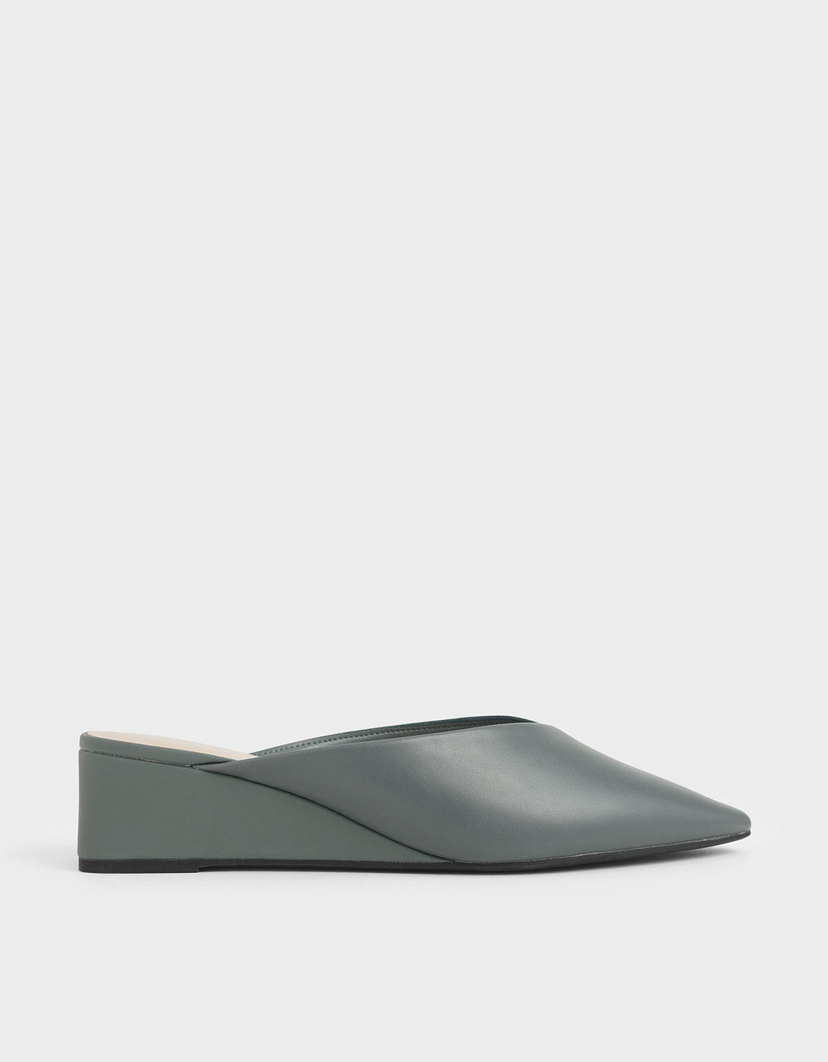 Textured Pointed Toe Wedge Heel Mules, Green