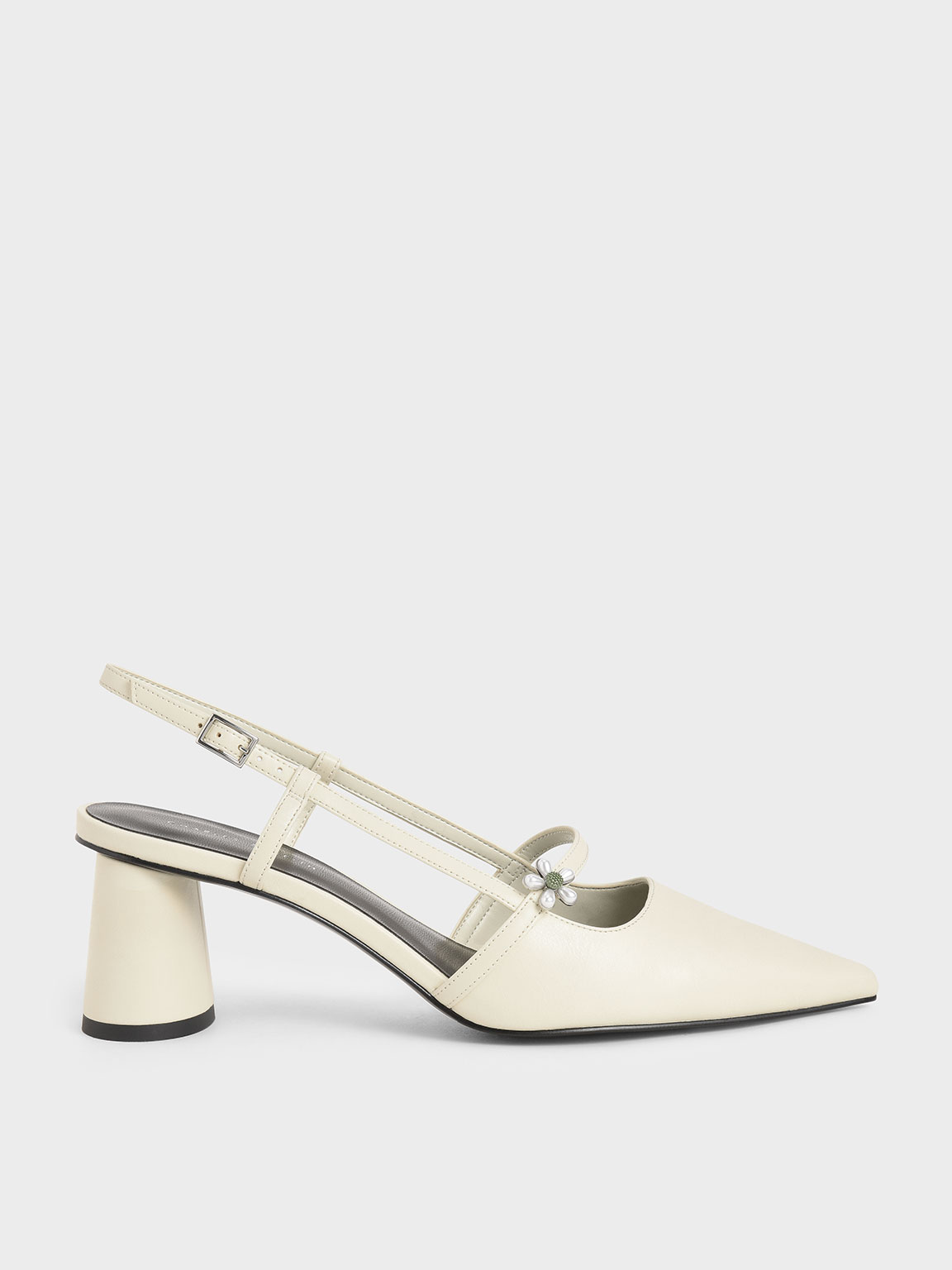Flower-Embellished Slingback Mary Janes, Chalk