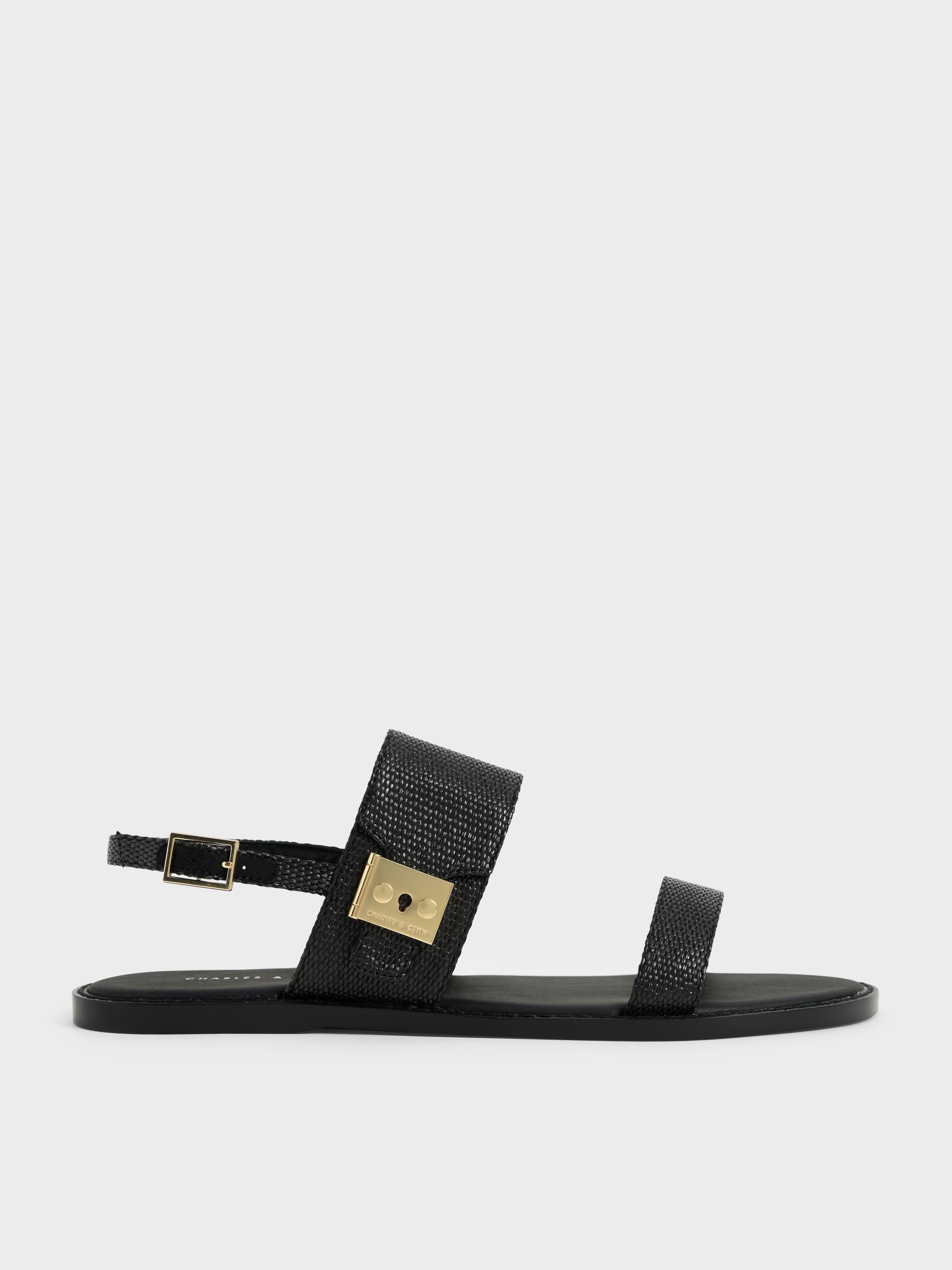 Raffia Metallic Buckle Sandals, Black textured