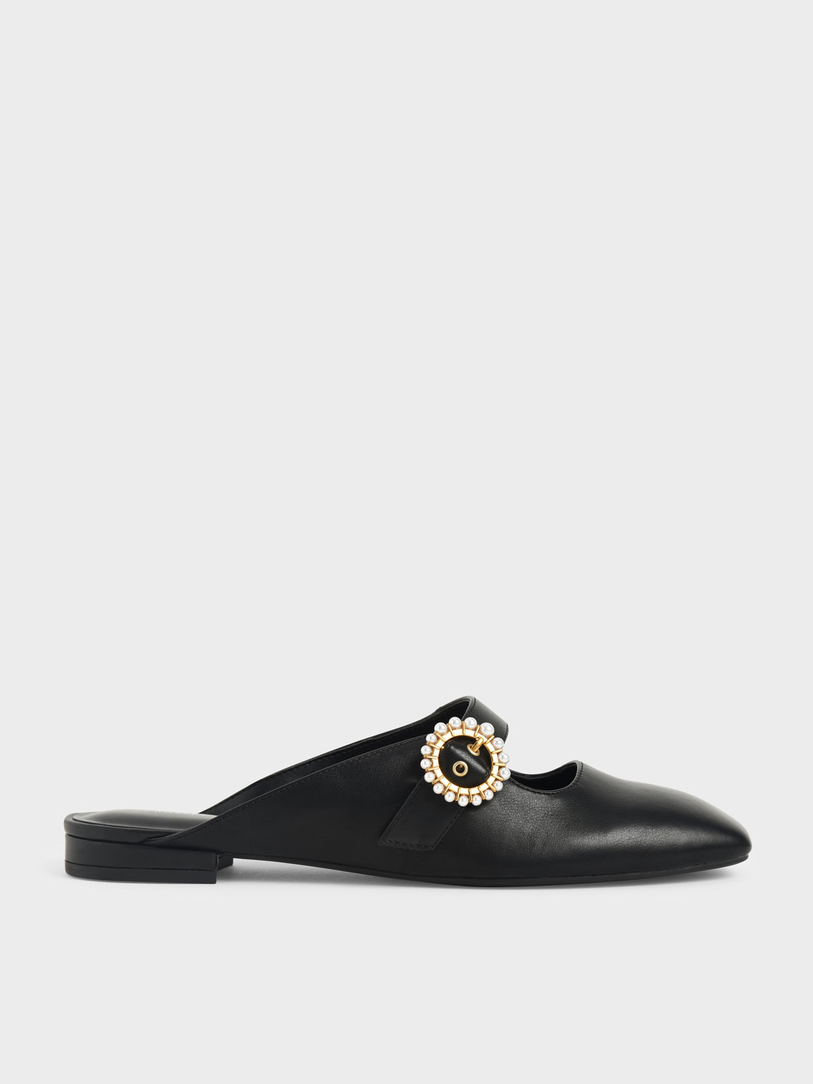 Beaded Buckle Mules, Black