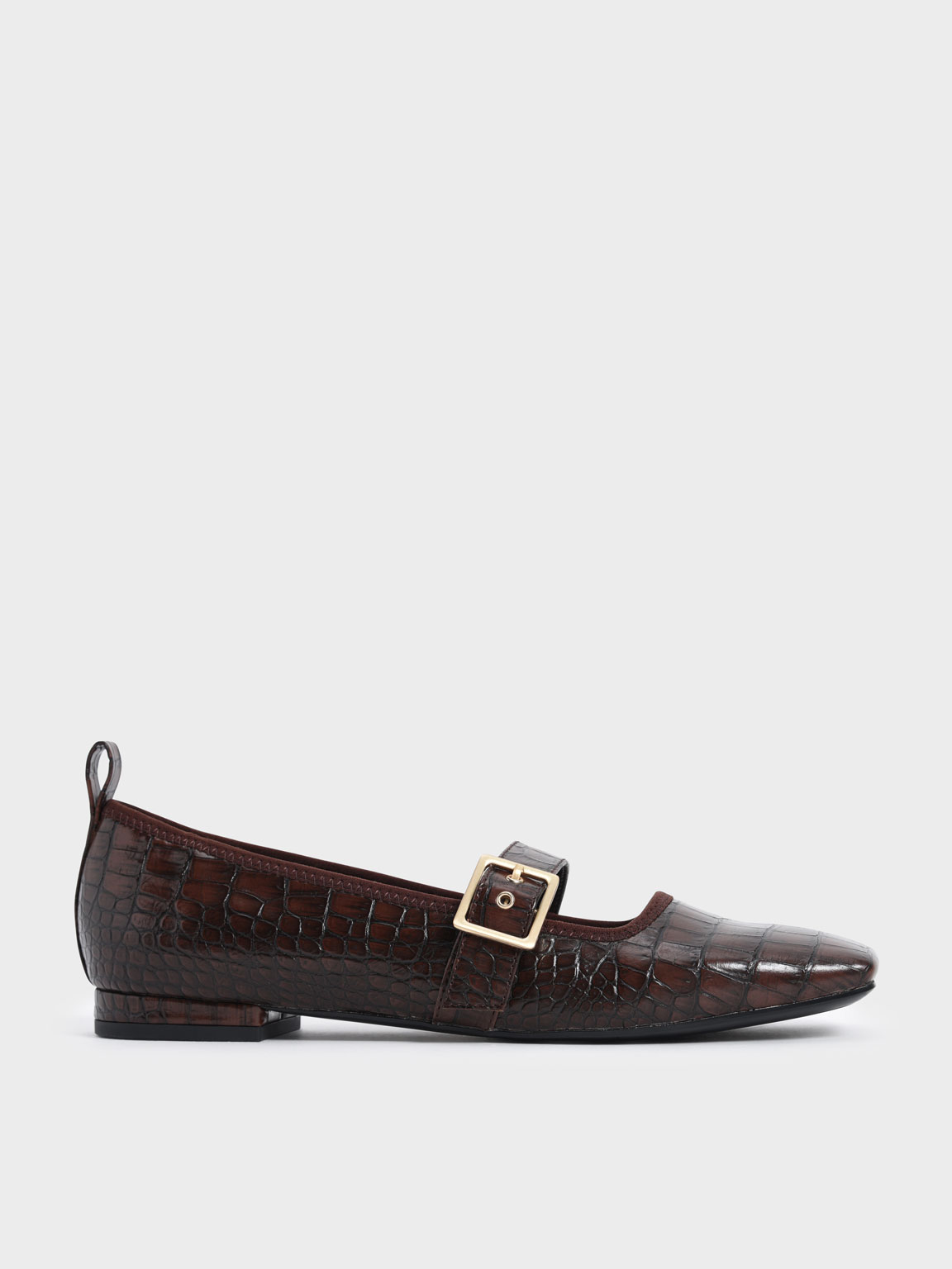Croc-Effect Square Toe Mary Jane Flats, Animal print brown
