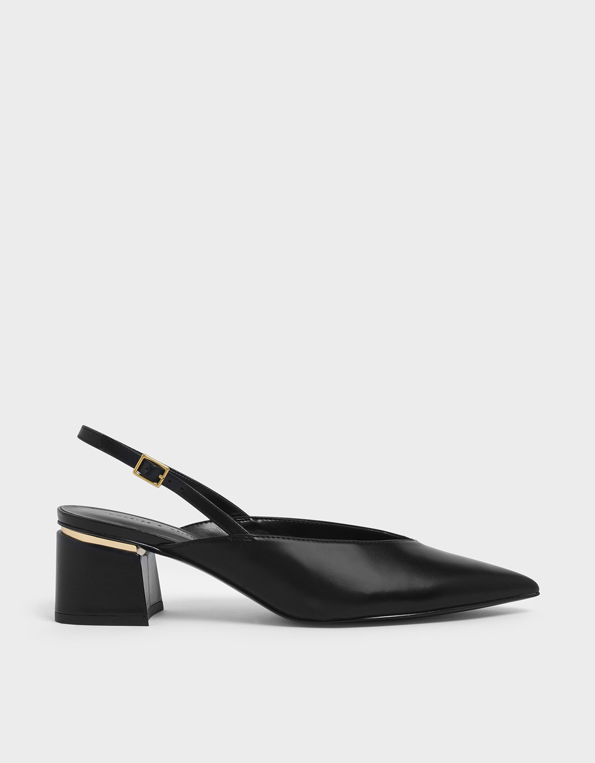 V-Cut Block Heel Slingback Pumps, Black