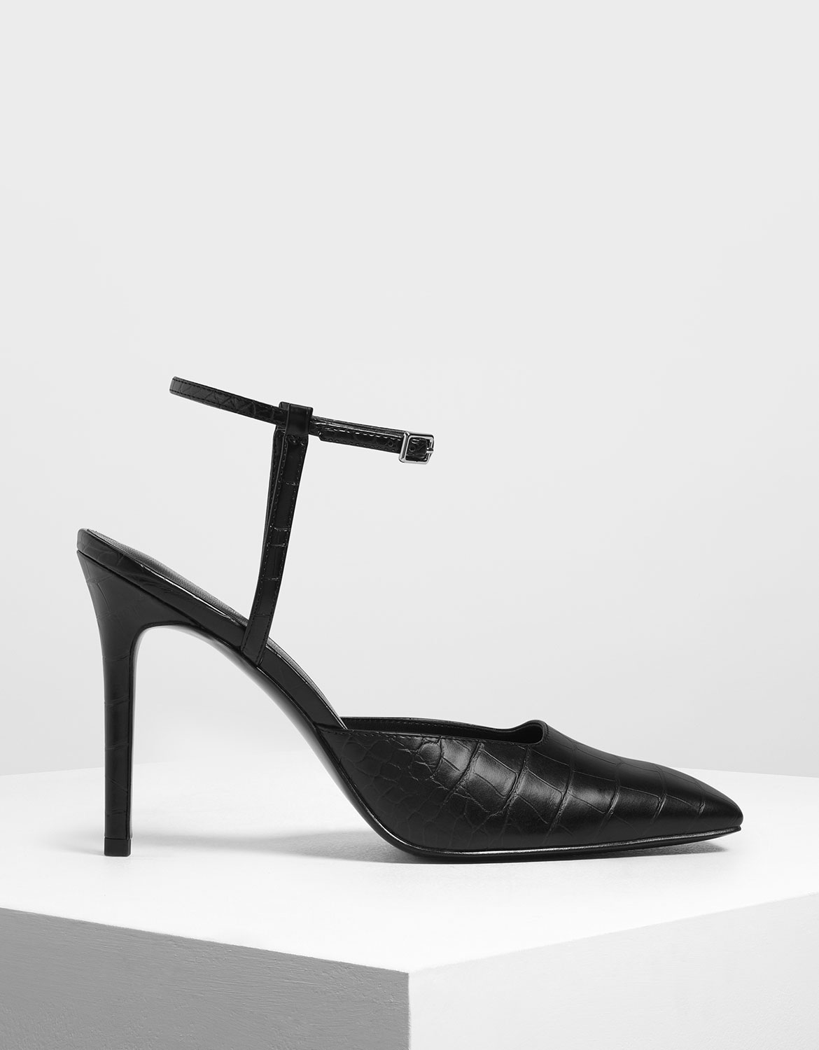Square Toe Croc-Effect Stiletto Pumps, Black