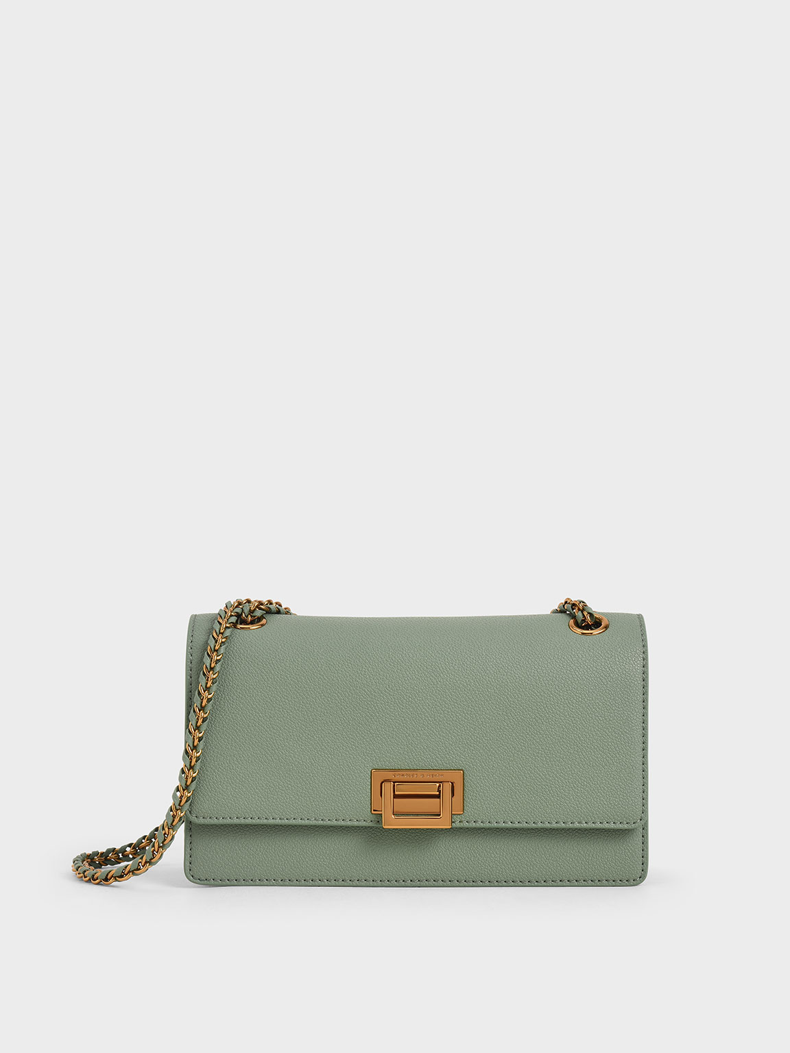 Metallic Push-Lock Shoulder Bag, Sage green
