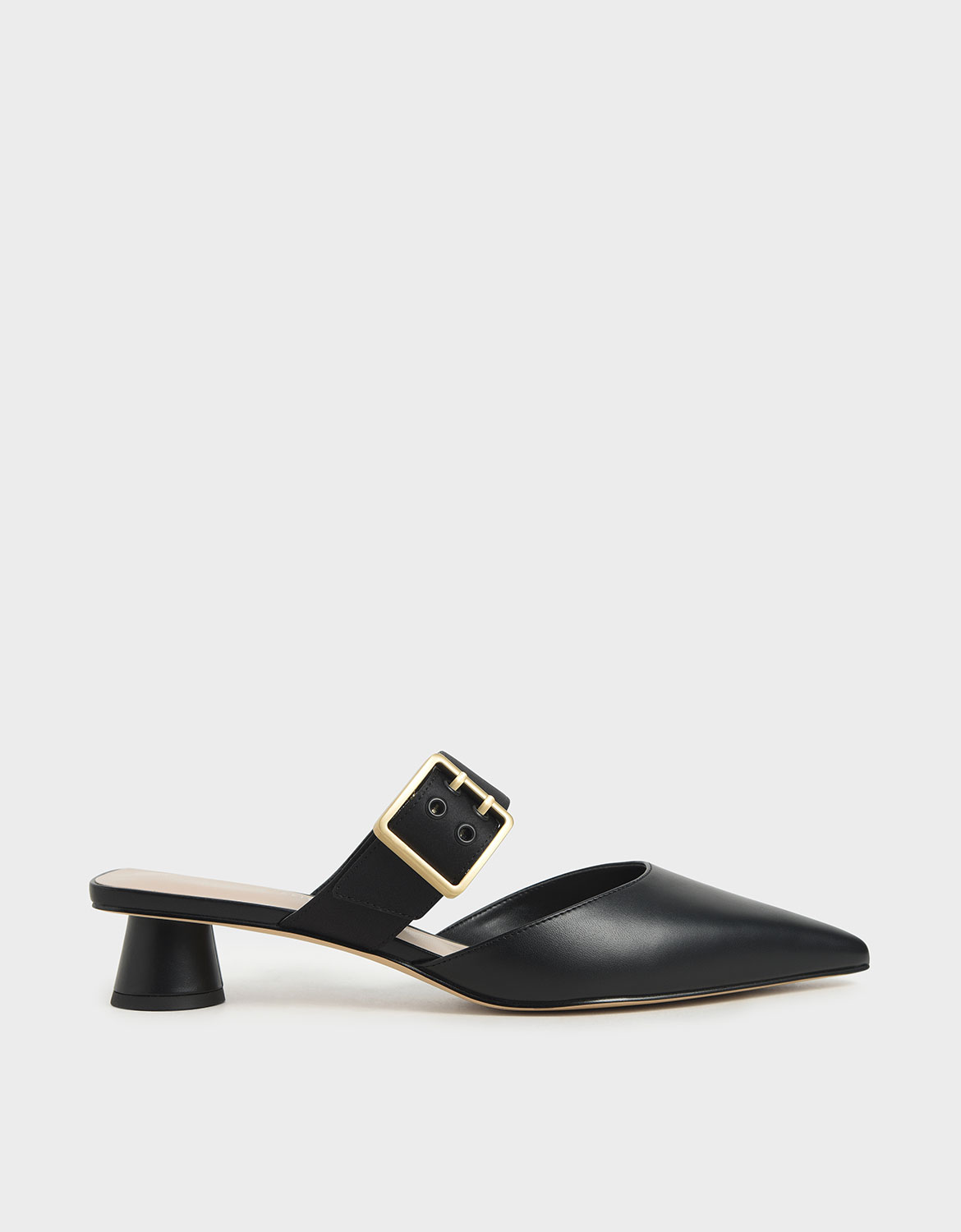 Satin Grommet Buckle Mules