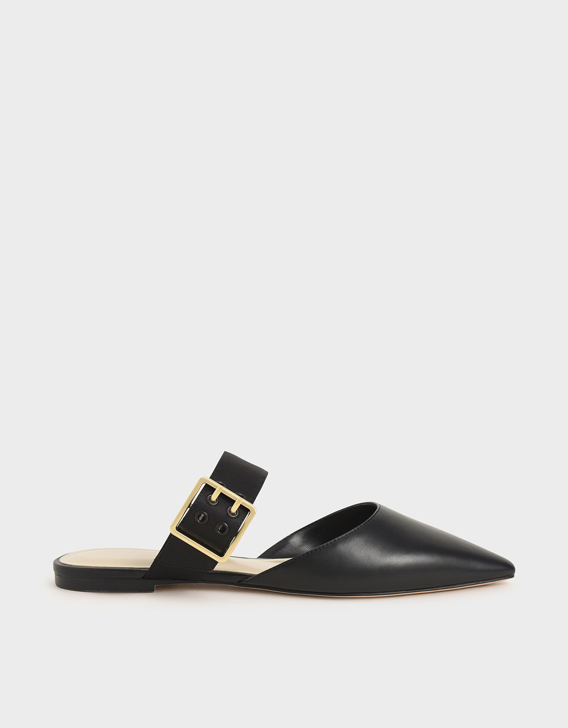 Satin Buckle Strap Mules, Black