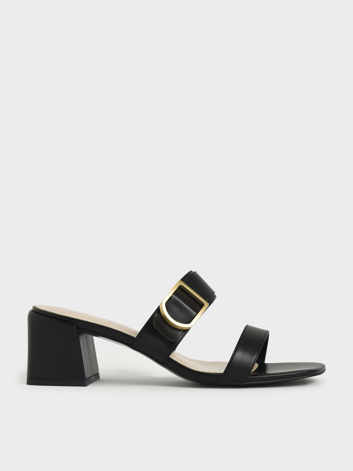 Buckle Strap Block Heel Mules, Black