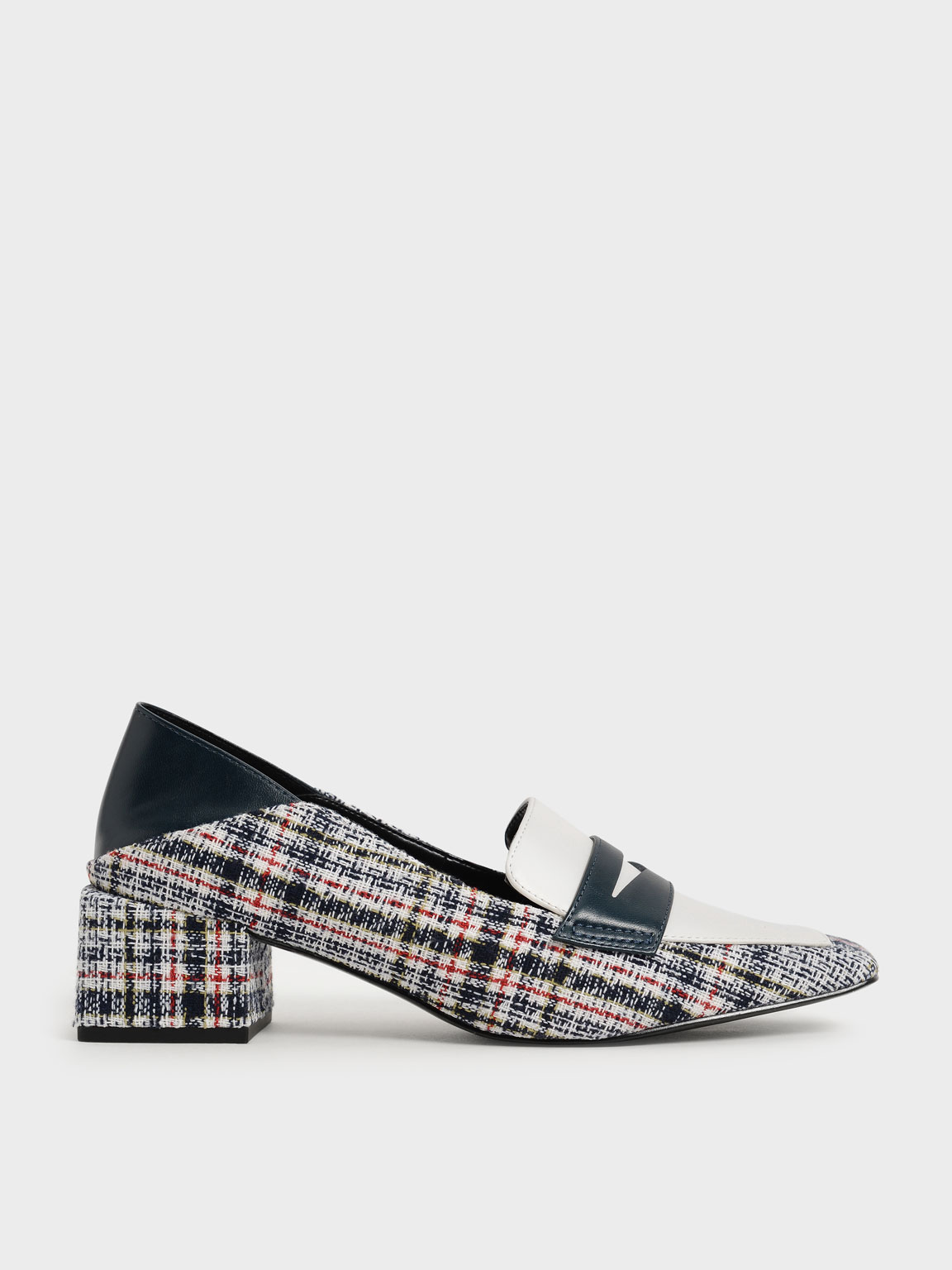 Tweed Block Heel Penny Loafers, Dark blue