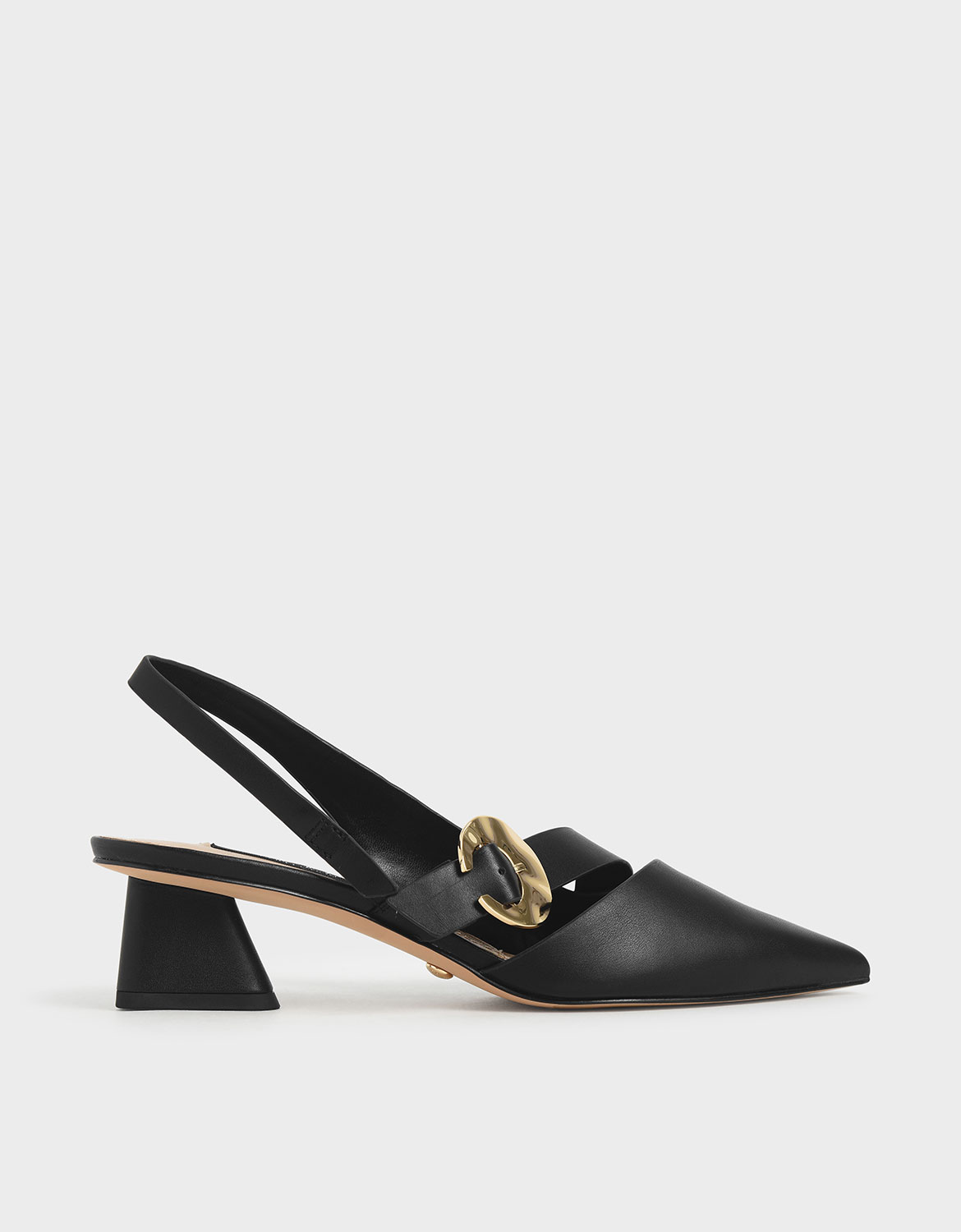 Leather Hammered Buckle Slingback Pumps, Black