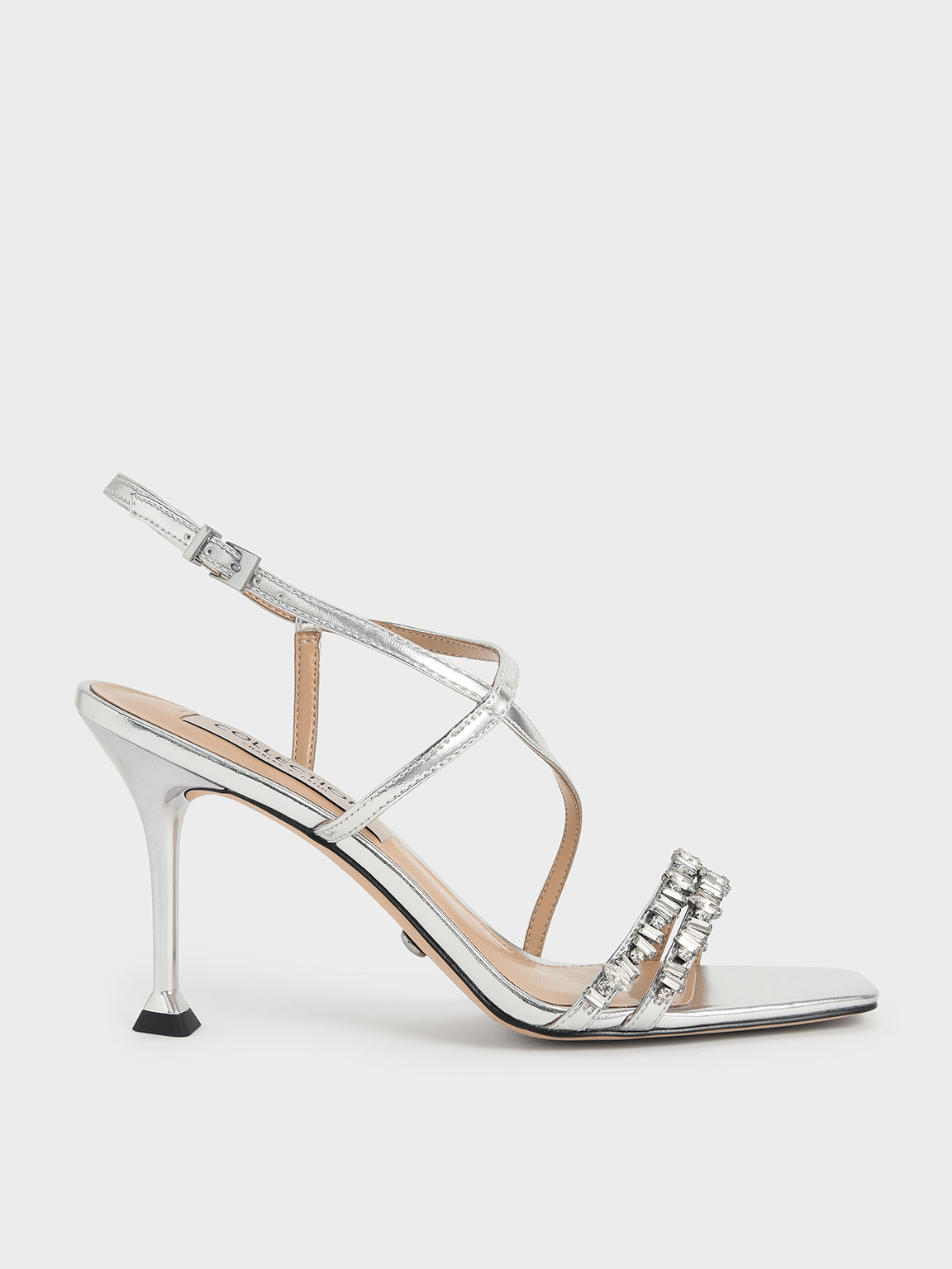 Wedding Collection: Metallic Leather Gem-Embellished Asymmetric Sandals, Silver
Wedding Collection: Metallic Leather Gem-Embellished Asymmetric Sandals, Silver
