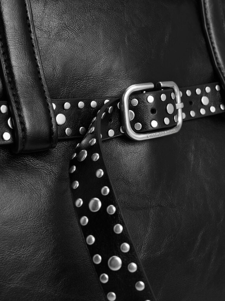 Victoria Studded Belted Trapeze Tote Bag, Noir, hi-res