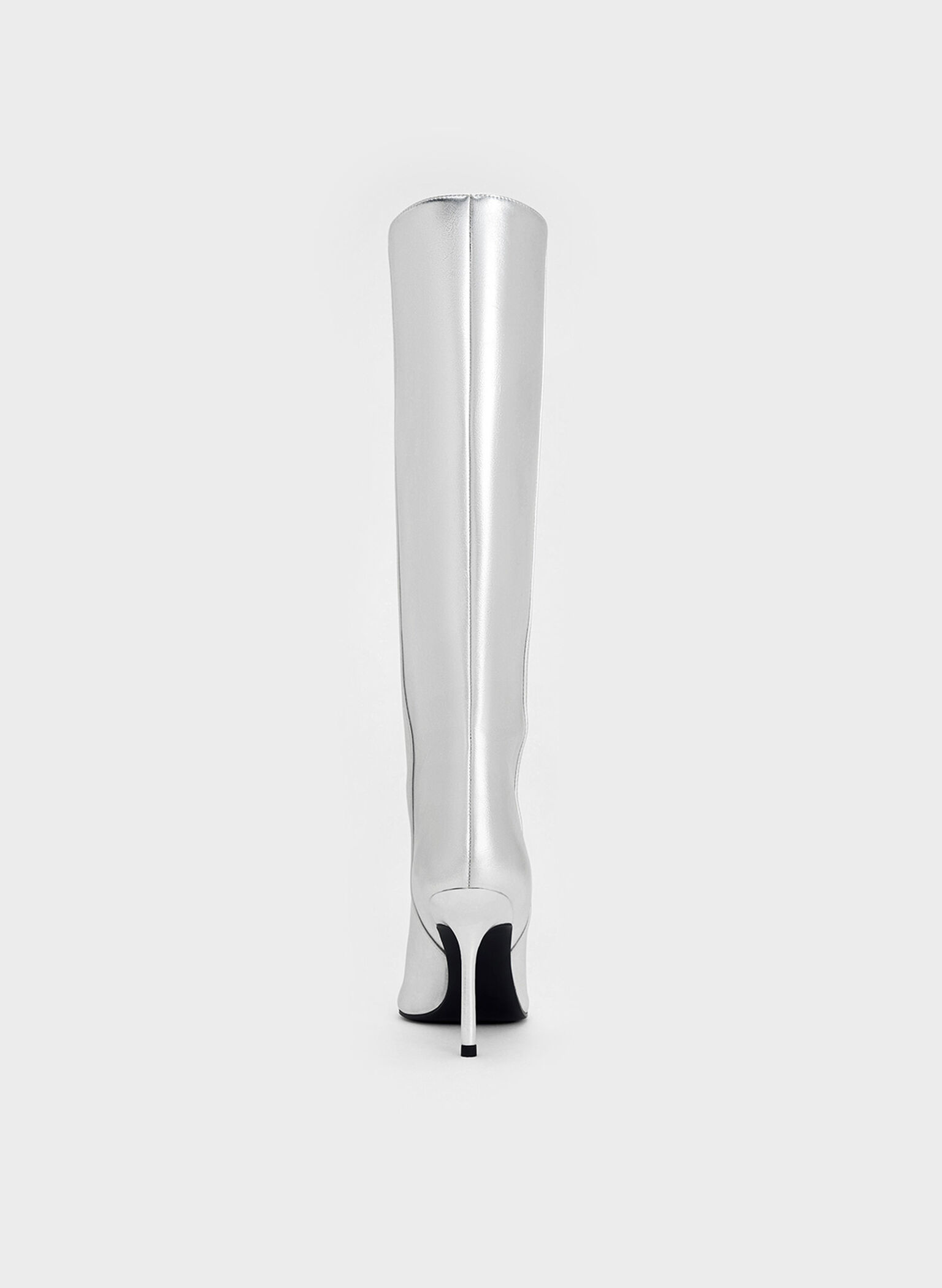 Metallic Pointed-Toe Stiletto-Heel Knee-High Boots, Silver, hi-res