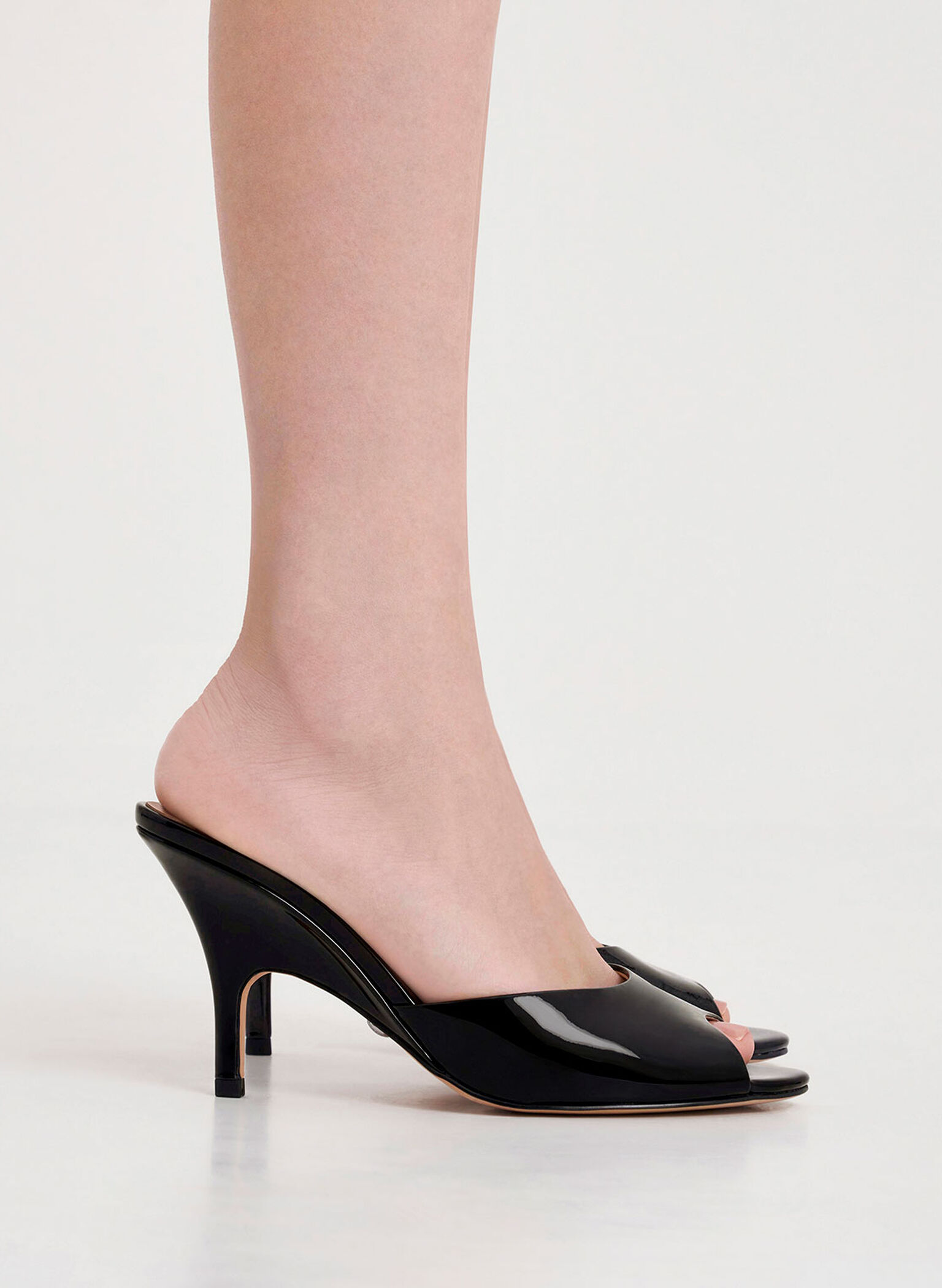 Patent Leather Round-Toe Heeled Mules, Black, hi-res