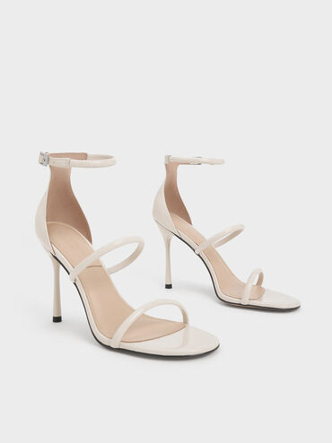 Patent Leather Triple Strap Heeled Sandals, Chalk, hi-res