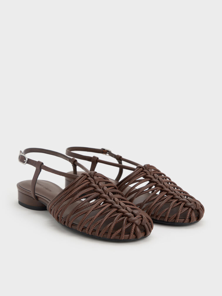 Woven Slingback Caged Sandals, Brown, hi-res