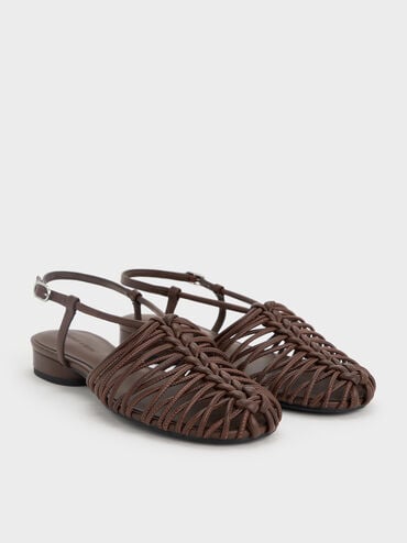 Woven Slingback Caged Sandals, Brown, hi-res