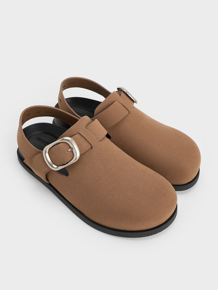 Suede Buckled Slingback Mules, Brown, hi-res