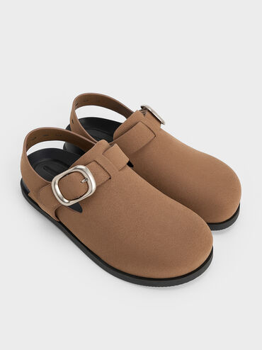 Suede Buckled Slingback Mules, Brown, hi-res