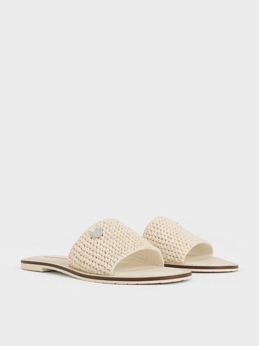 Raffia Woven Slide Sandals, Chalk, hi-res