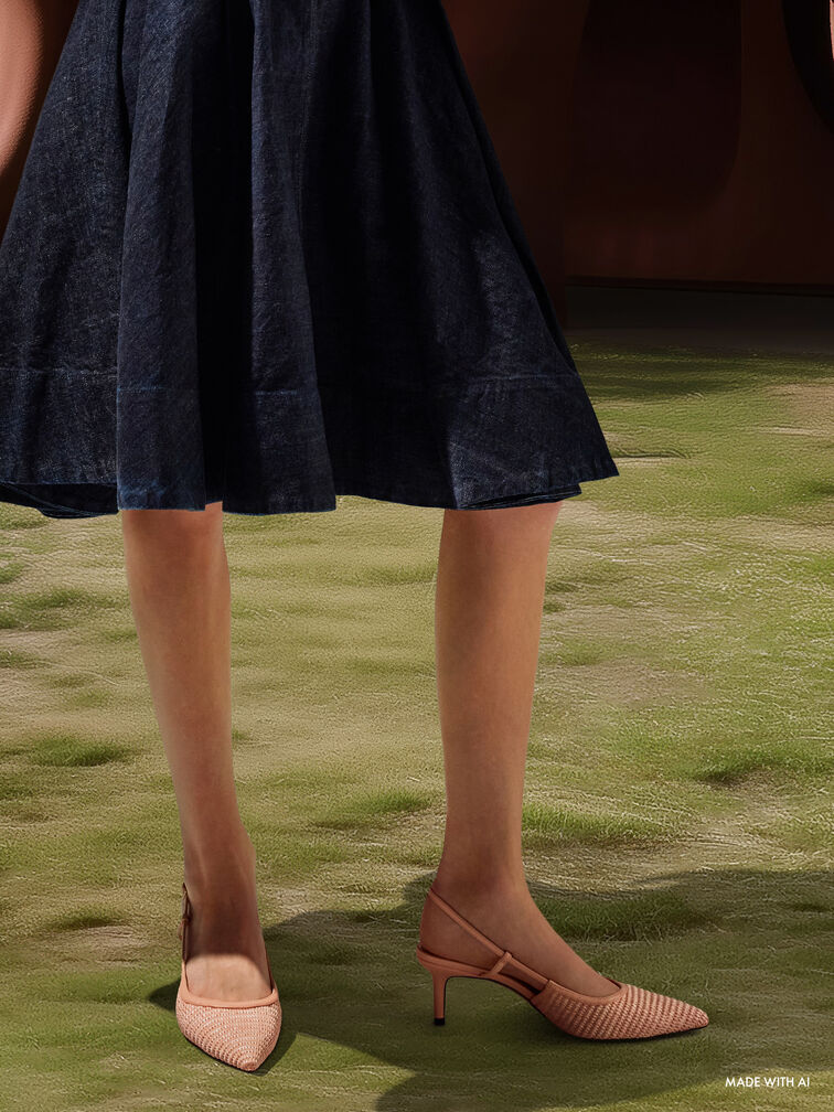 Raffia Pointed-Toe Slingback Pumps, Peach, hi-res