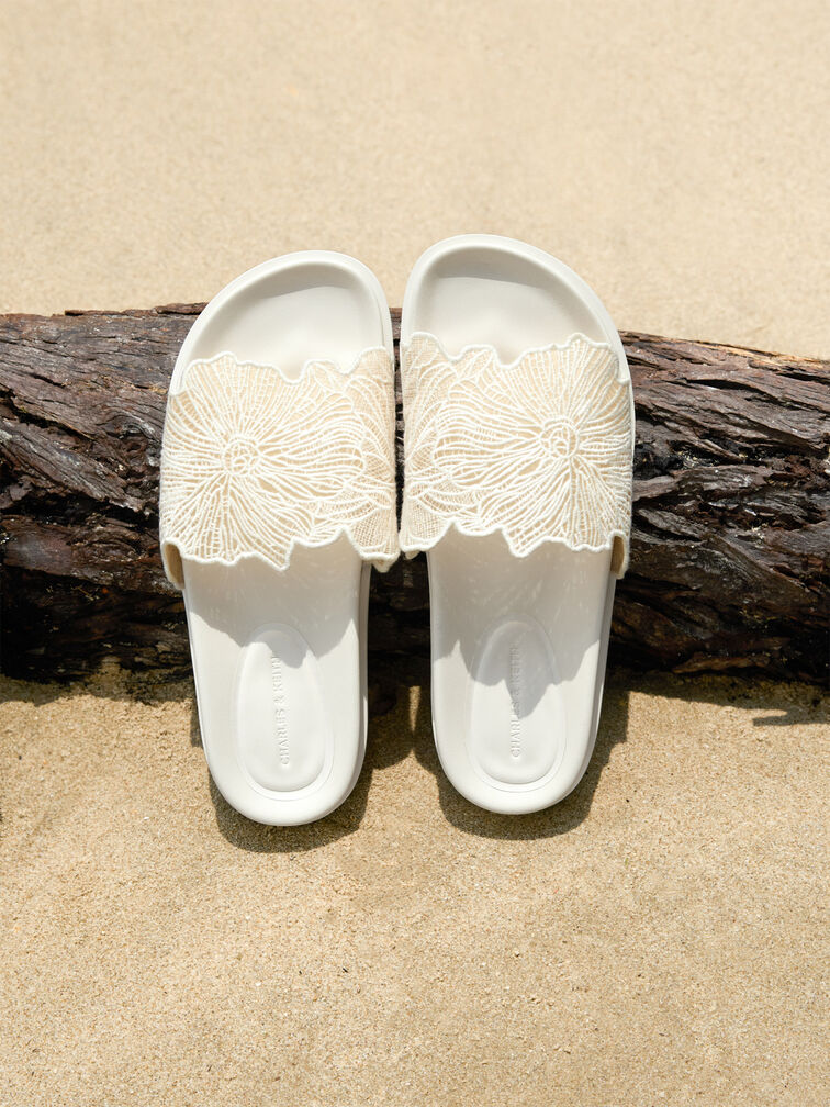 Crochet Floral Slide Sandals, White, hi-res