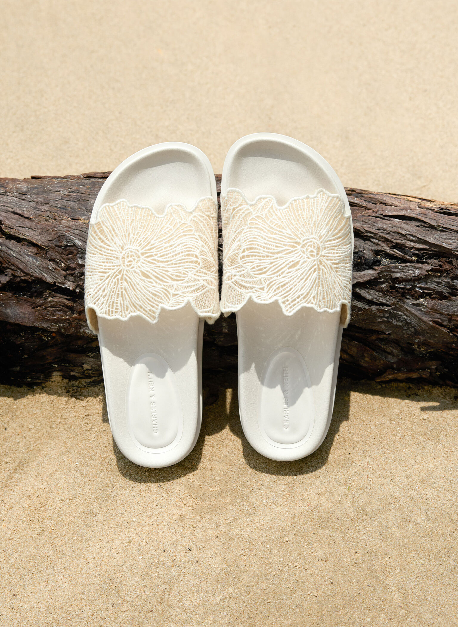 Crochet Floral Slide Sandals, White, hi-res