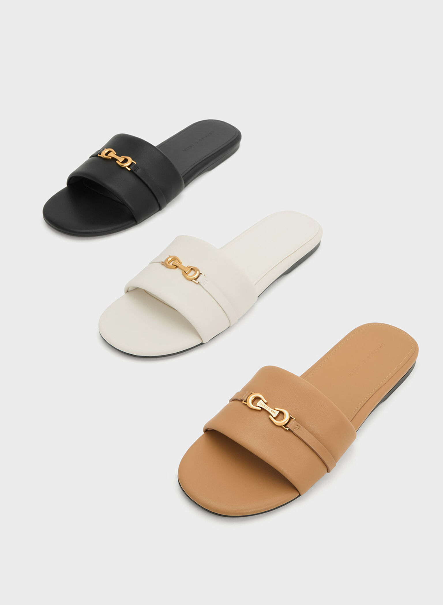 Metallic Accent Round-Toe Slide Sandals, Chalk, hi-res