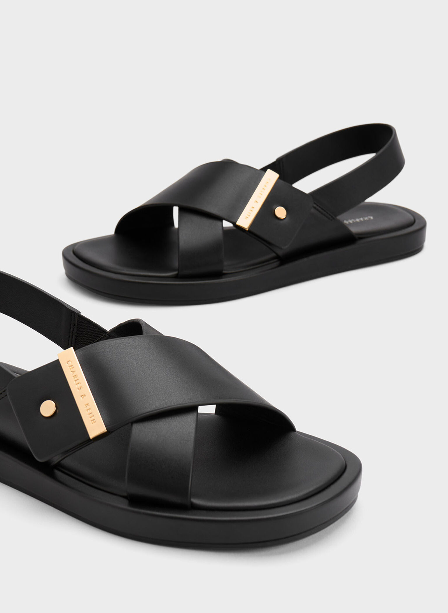 Crossover Back Strap Sandals, Black, hi-res