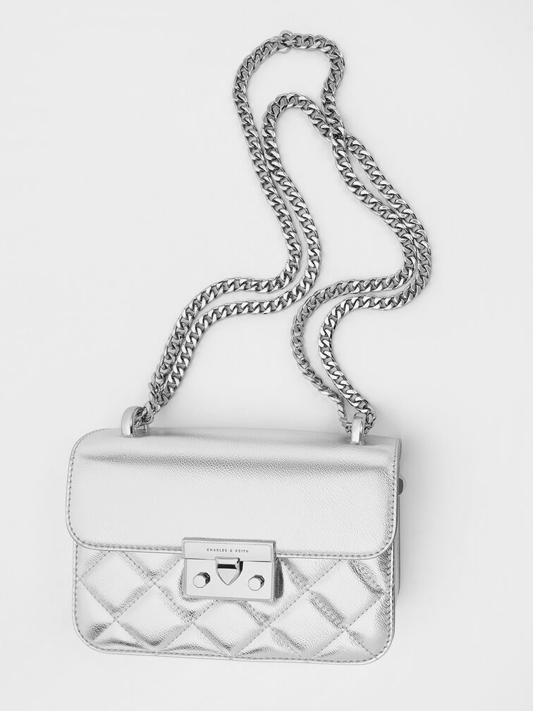 Alva Metallic Quilted Chain-Handle Bag, Silver, hi-res