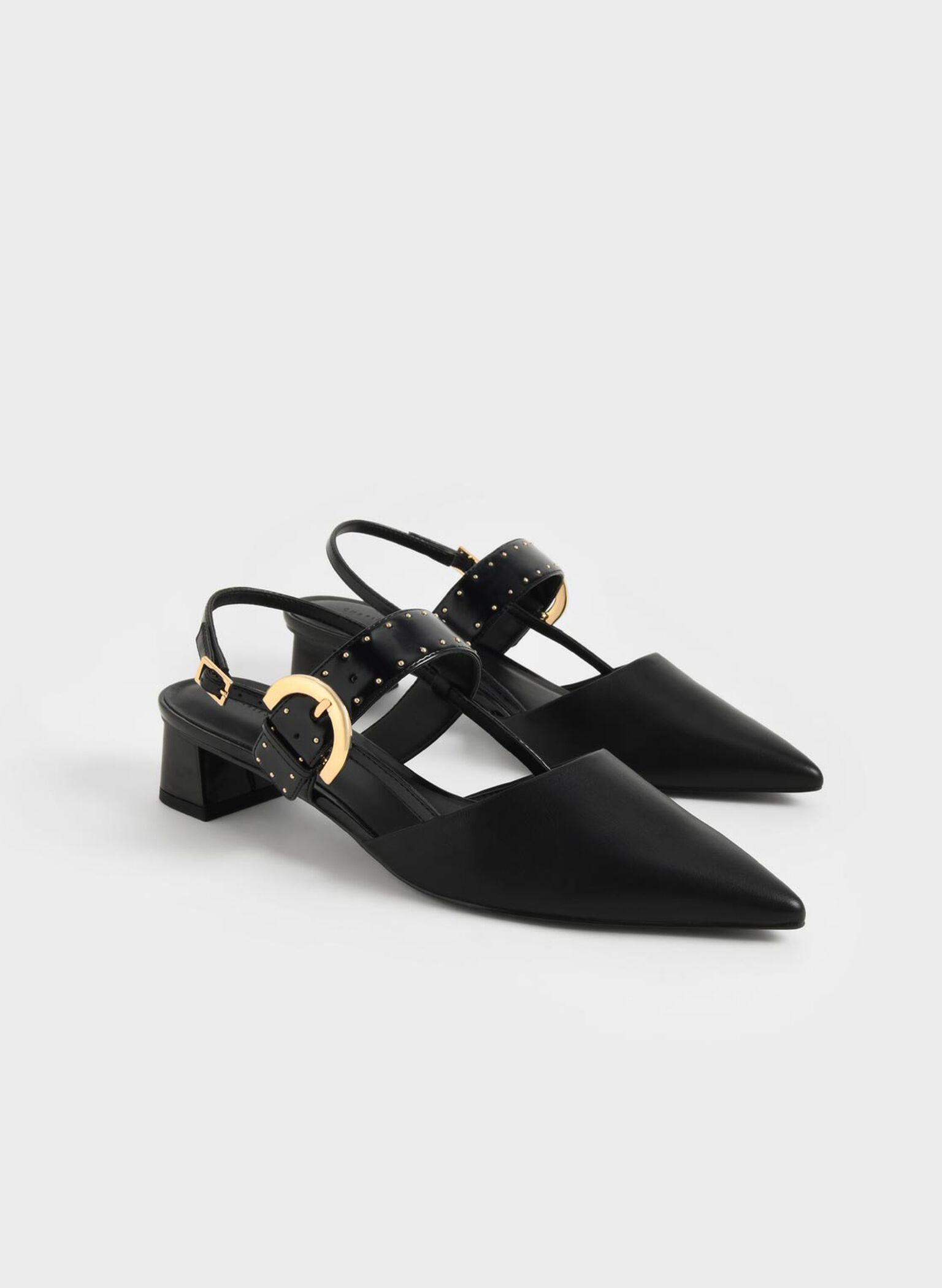 Studded Buckled Slingback Pumps, Black, hi-res