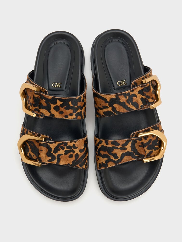Gabine Leopard-Print Buckled Leather Slides, Animal Print Brown, hi-res