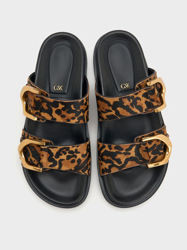 Gabine Leopard-Print Buckled Leather Slides, Animal Print Brown, hi-res