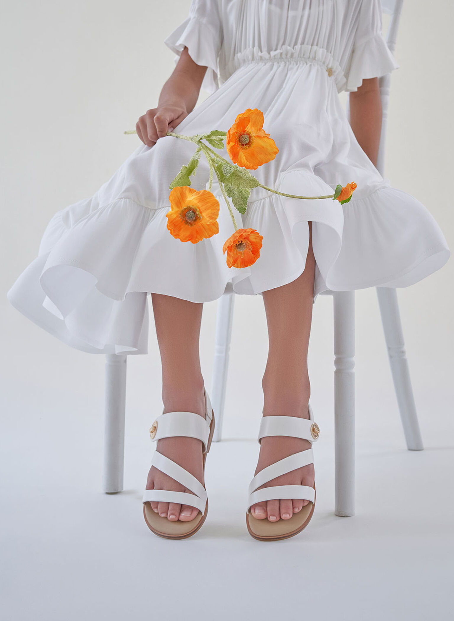 Girls' Yara Metallic Buckle Sandals, White, hi-res