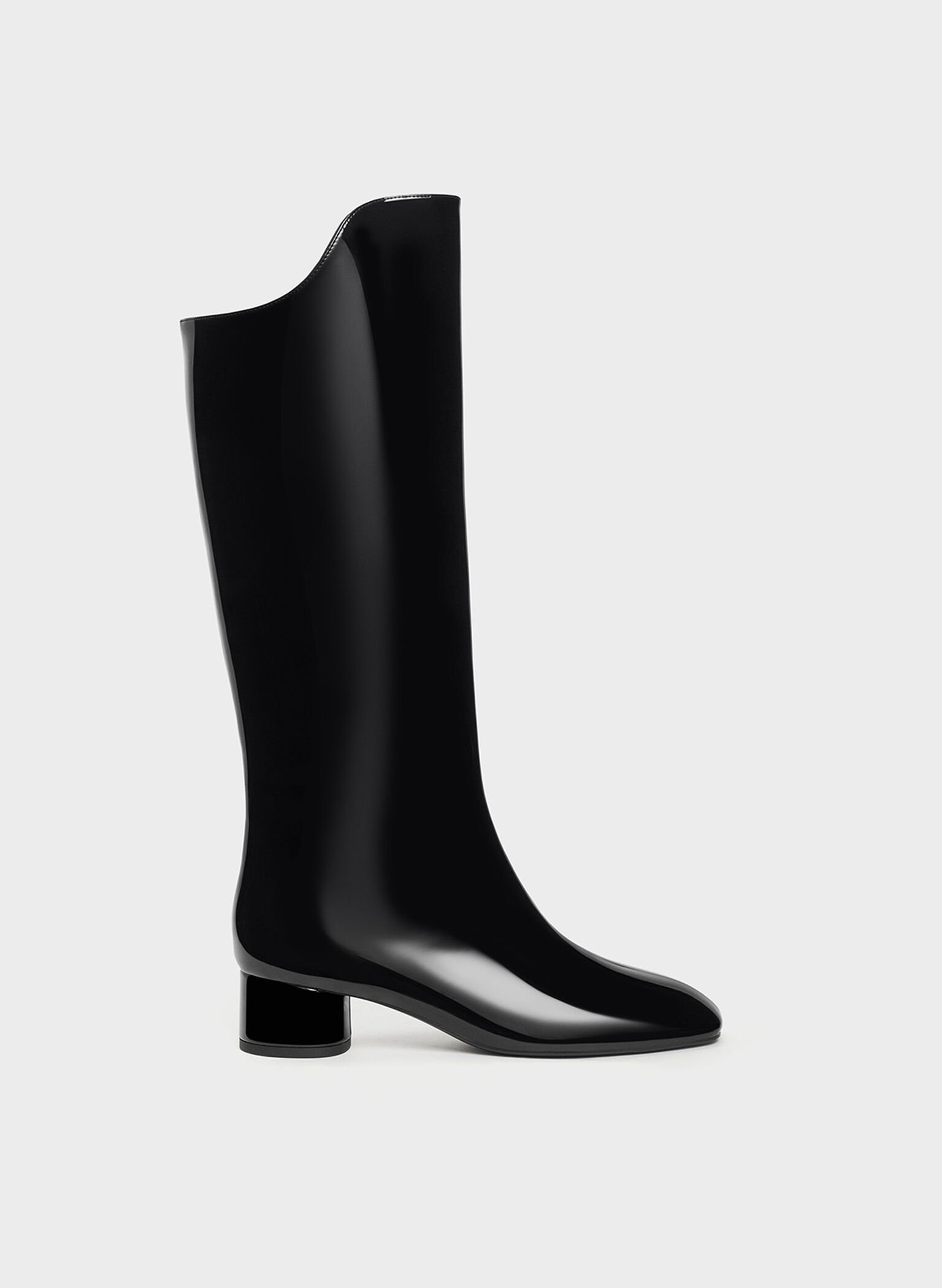 Patent Elongated Square-Toe Knee-High Boots, Black Patent, hi-res