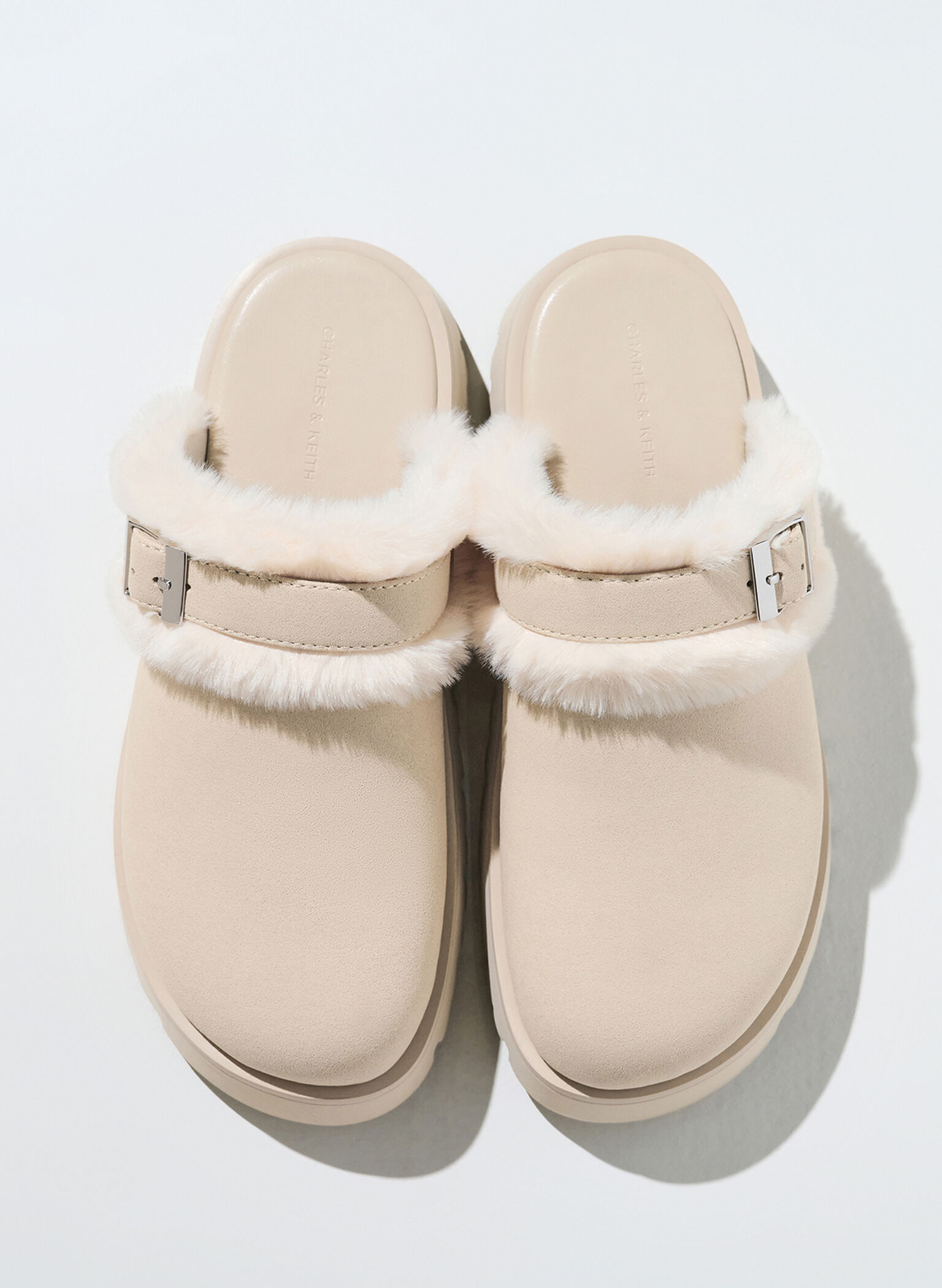 Hannah Textured Fur-Trim Buckled Mules, Beige, hi-res