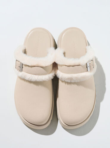 Hannah Textured Fur-Trim Buckled Mules, Beige, hi-res