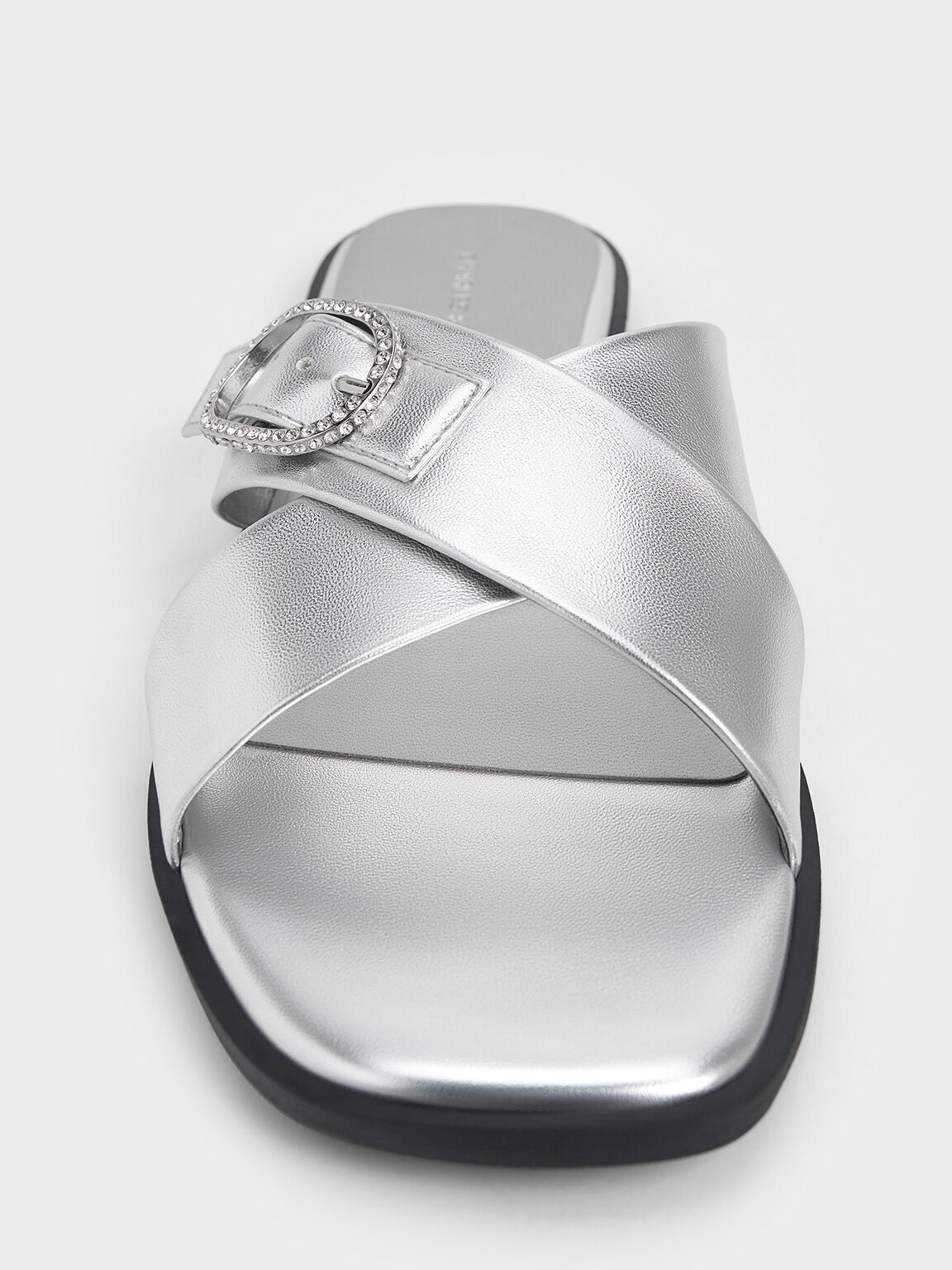Silver Metallic Crystal Buckle Crossover Strap Sandals CHARLES KEITH UK