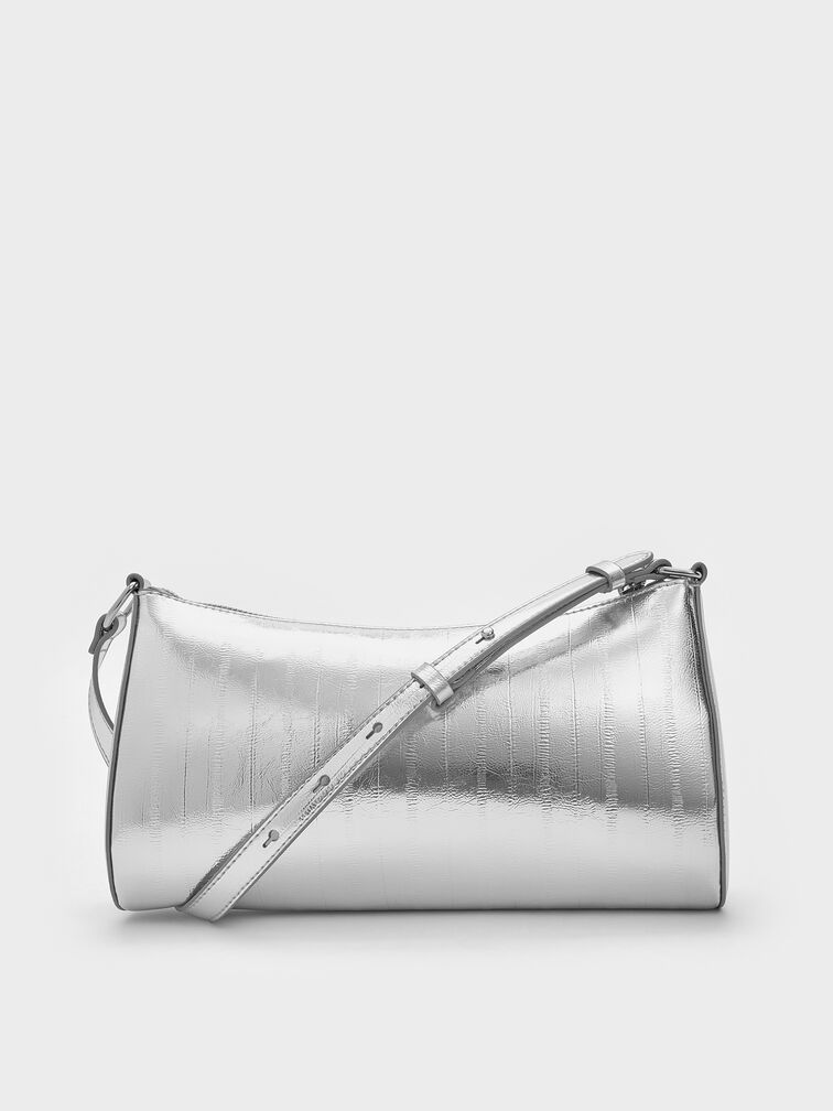 Augustine Metallic Eel-Effect Sculptural-Detail Shoulder Bag, Silver, hi-res