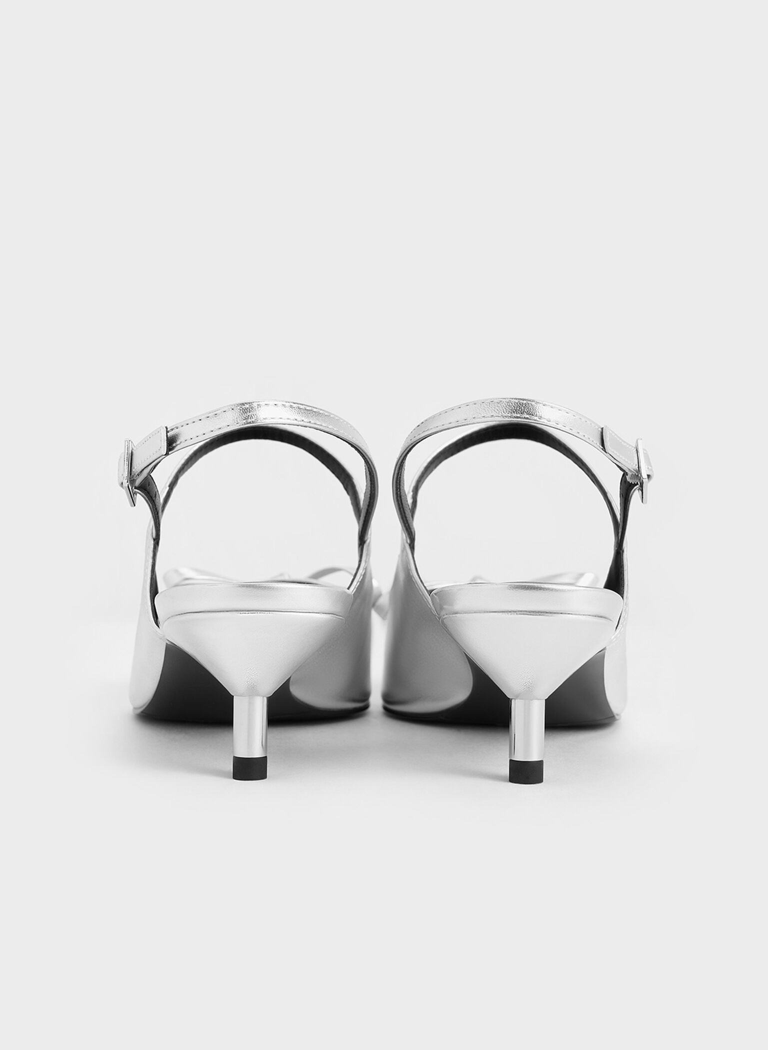 Metallic Bow Cap-Toe Kitten-Heel Slingback Pumps, Silver, hi-res