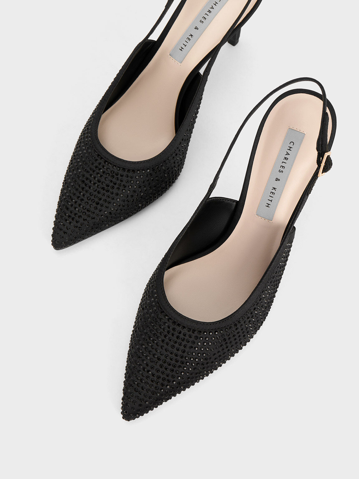 Satin Crystal Embellished Slingback Pumps Black Textured